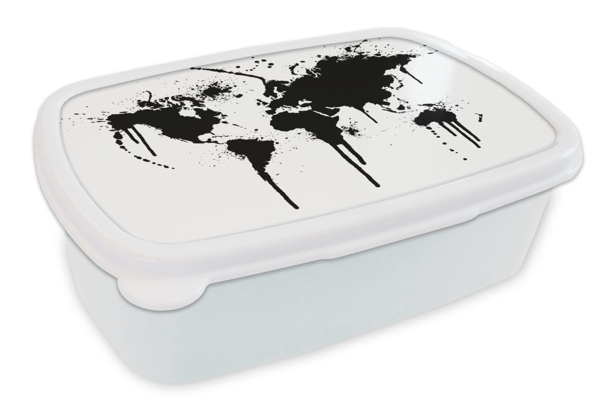 MuchoWow Lunchbox Weltkarte - Tinte - Schwarz - Weiß - Kinder - Jungen - Mädchen, Kunststoff, (2-tlg), Brotbox für Kinder und Erwachsene, Brotdose, für Jungs und Mädchen