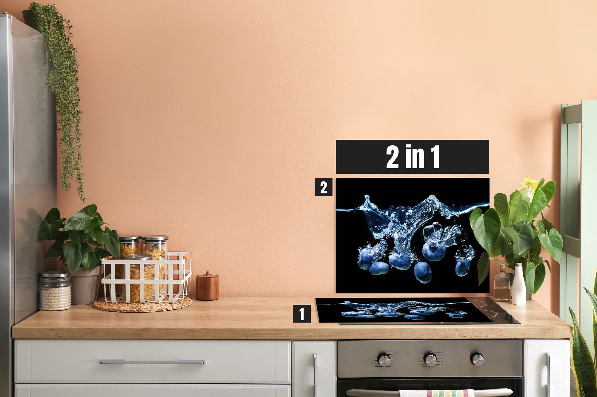 queence Küchenherdaufsatz Spritzschutz, Herd Abdeckung, Küchenrückwand, Abdeckplatte, Küche, Herdblende inkl. Klebepads für eine flexible Befestigung