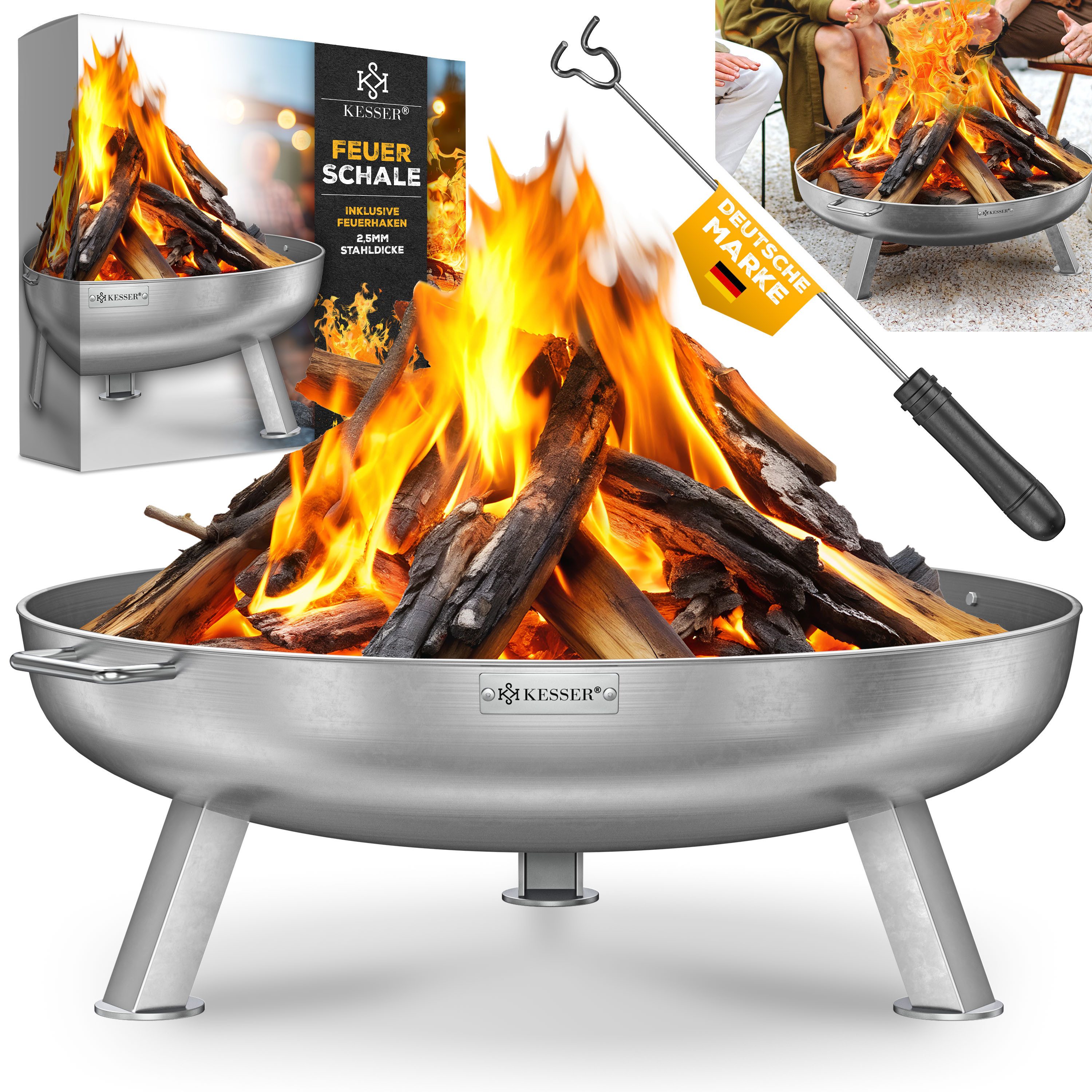 KESSER Feuerschale Feuertonne mit 2,5mm Stahldicke Feuerstelle, (Feuerkorb inklusive Feuerhaken + Wasserablauf), Feuerstelle massives Gusseisen 2 stabile Griffe