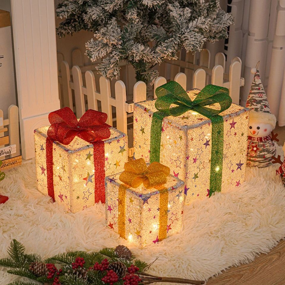 Ciskotu LED Dekolicht LED Geschenkboxen beleuchtet Schleife Weihnachtsdeko, Warmweiß, Batterie betrieben, mit Timer