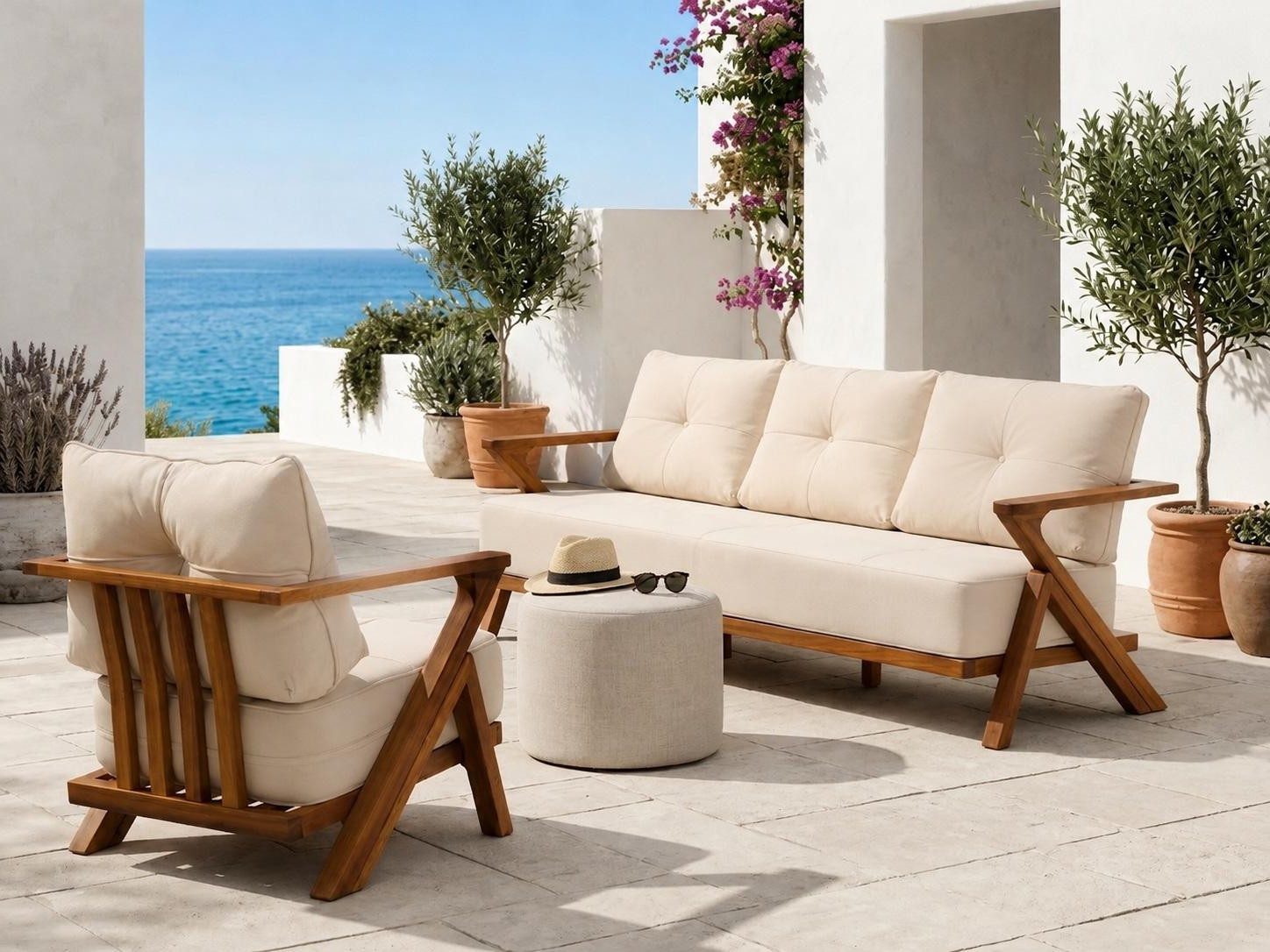 Xlmoebel Gartenlounge-Set Gartenlounge Set 3-Sitzer Sofa Sessel Beige Kissen Komfort Neu, (Gartenlounge-Set, 2-tlg., 2-tlg), Abnehmbares Sitzkissen