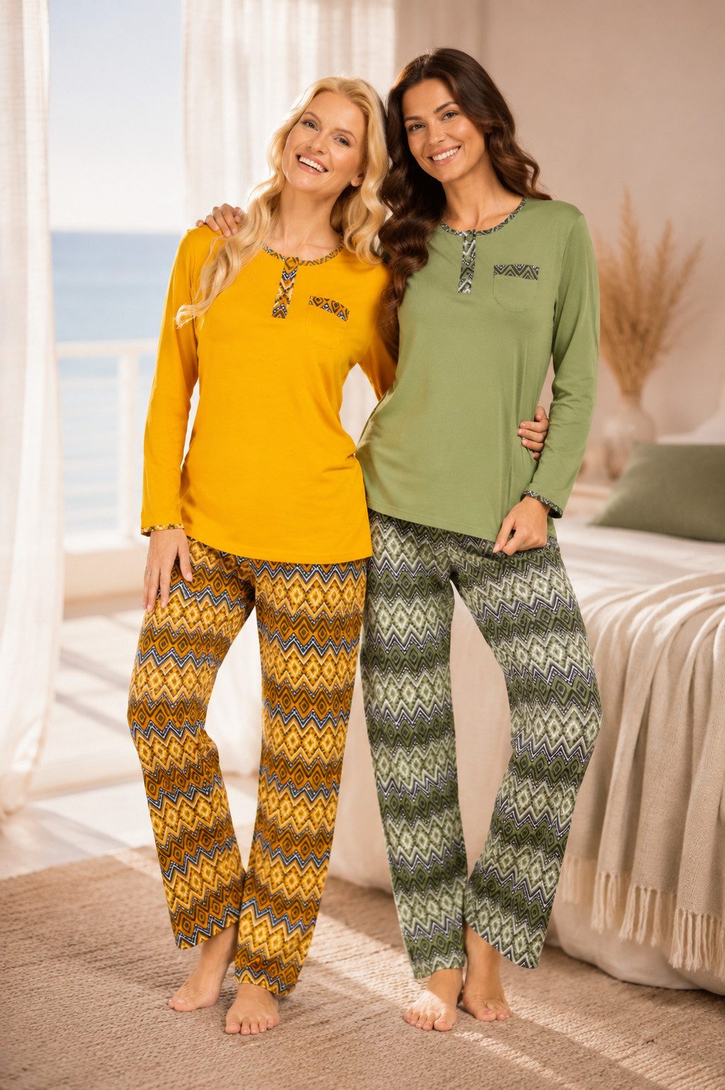 Consult-Tex Pyjama Damen 2er Pack Langarm Pyjama Schlafanzug mit Knopfleiste,Baumwolle (Spar-Set, 2 Stück) aus reiner Baumwolle-Jerse Qualität