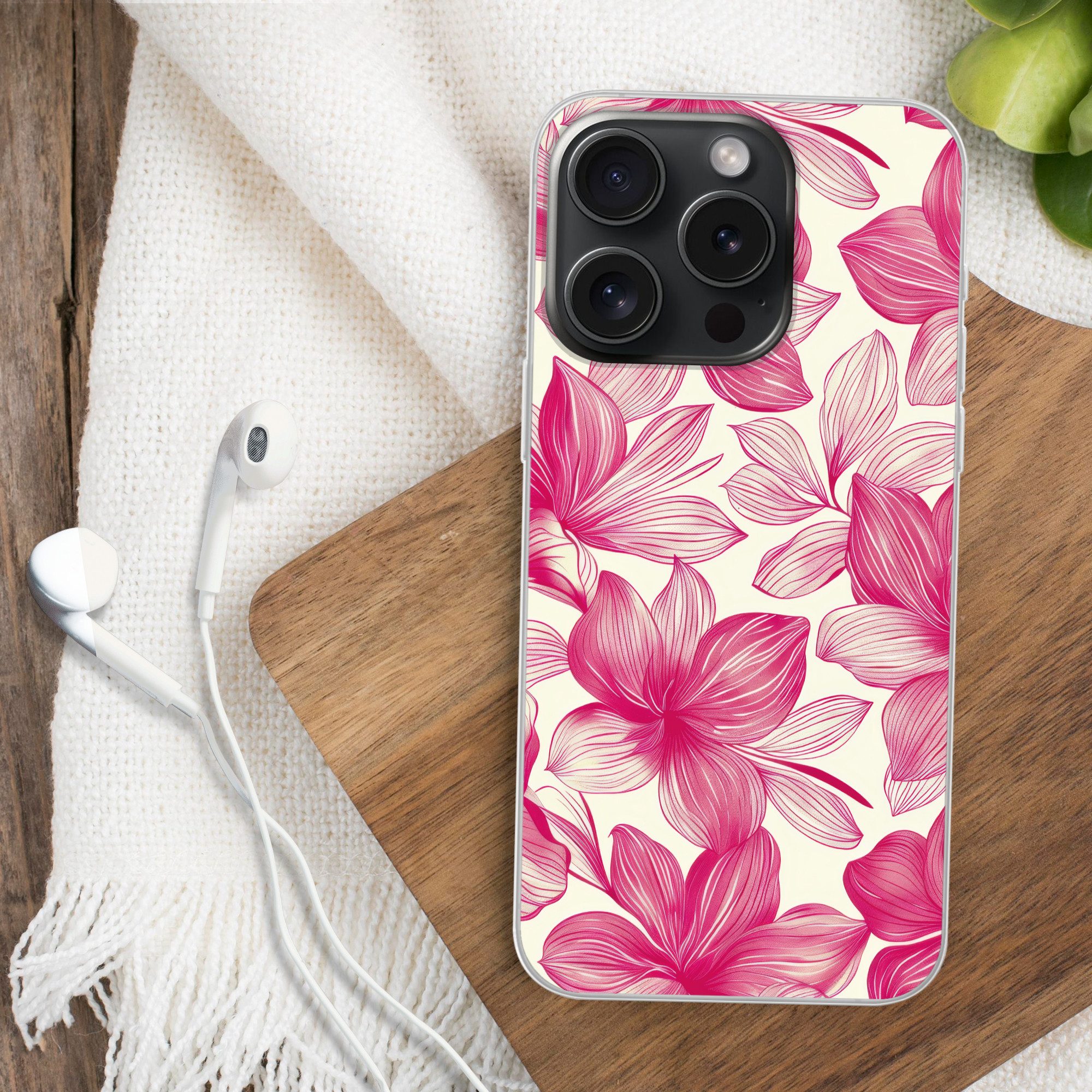 MuchoWow Handyhülle für Apple iPhone 15 Pro Blumen - Muster - Rosa - Weiß, Smartphone-Bumper, Print, Handy Schutzhülle Dünn