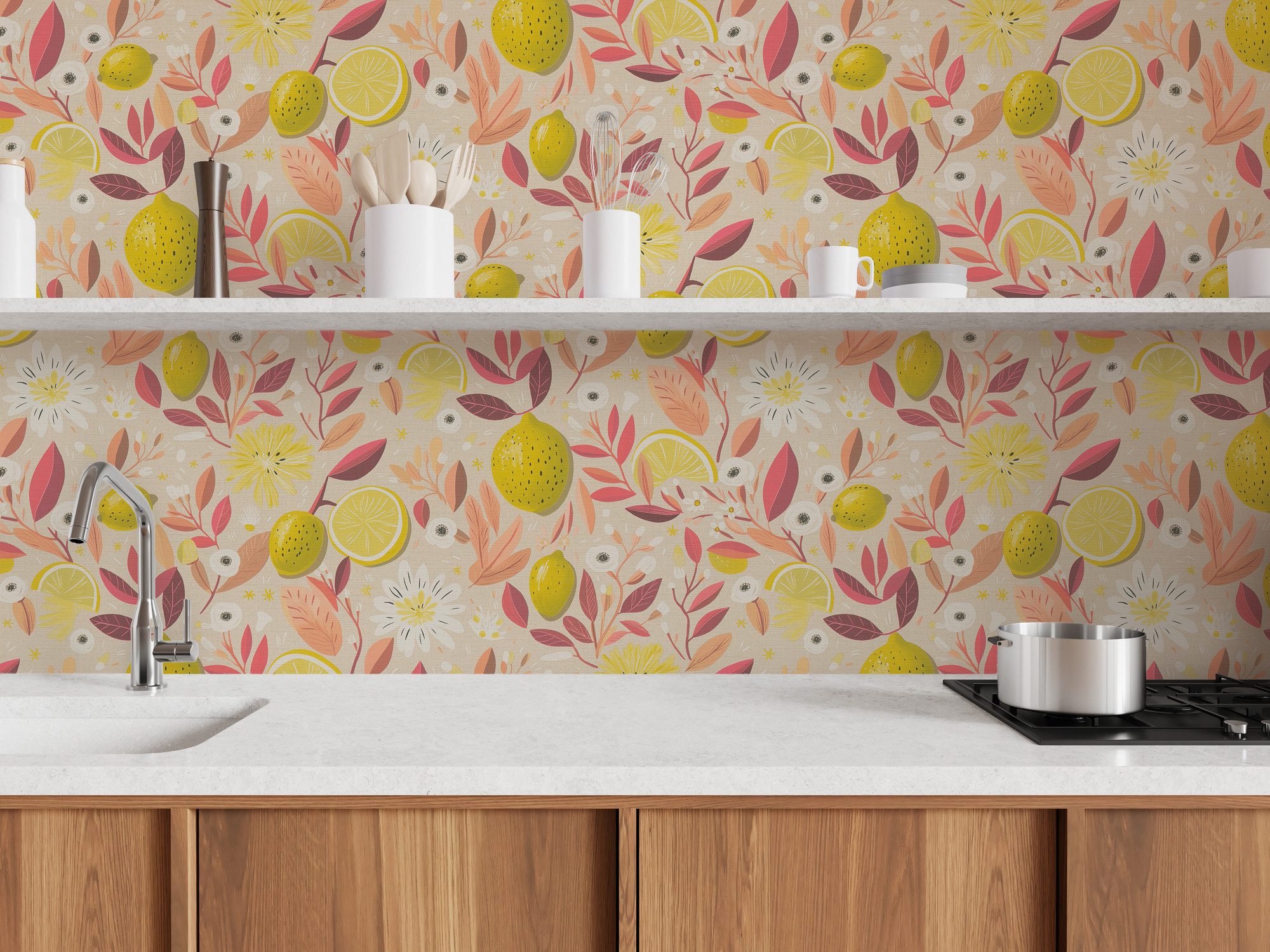 A.S. Création Vliestapete Pintwalls III Zitronen-Tapete modern, strukturiert, Kunst, (1 St), Verspielte Vliestapete mit Zitronen, Blättern & Blüten
