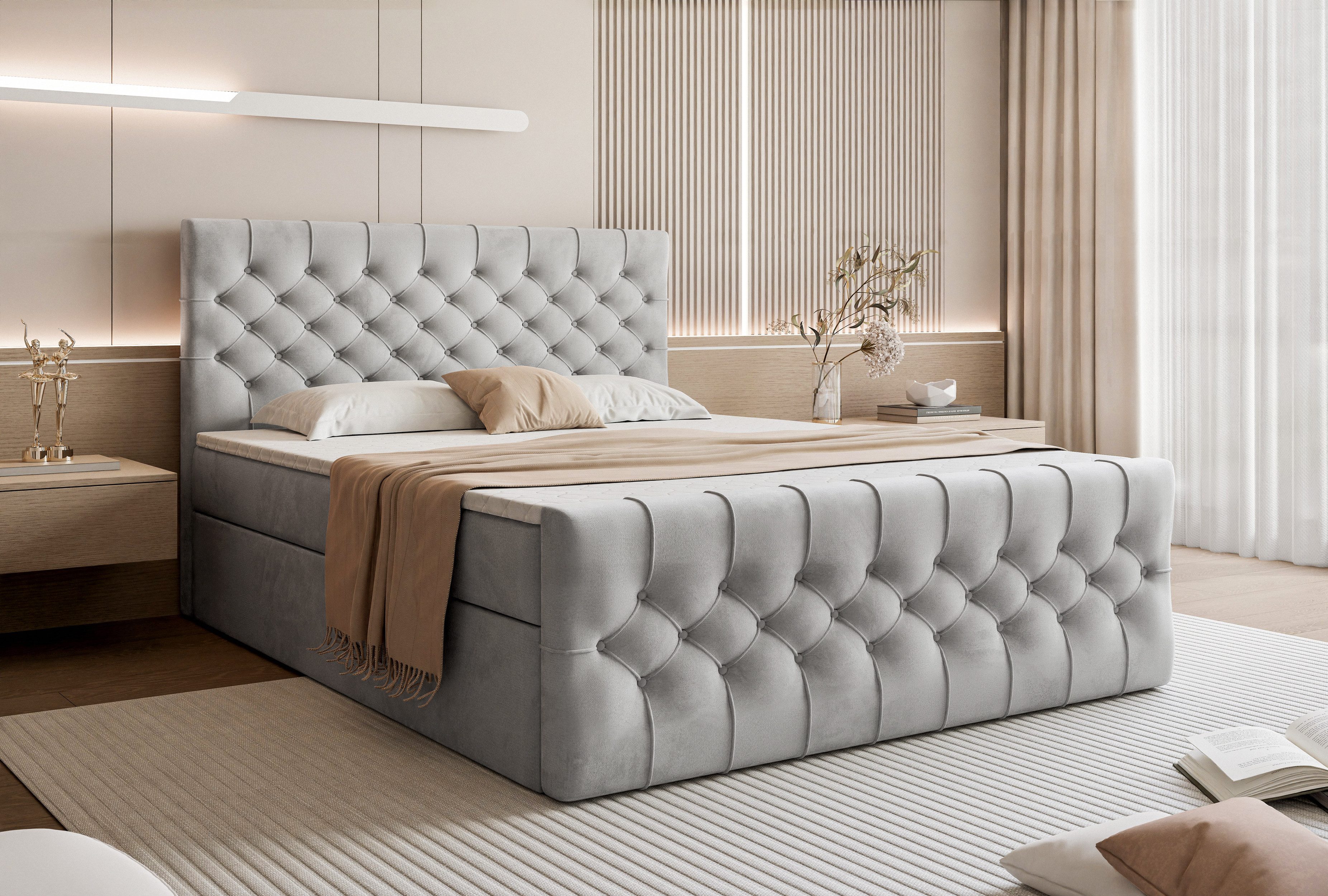 Goldstoff Boxspringbett TAURIEL mit Federkernmatratze & Topper, zwei Bettkästen (von 120 bis 200x200 cm), modernes Doppelbett aus Velvet Stoff mit edlem Kopftei – Bild 4 von 5