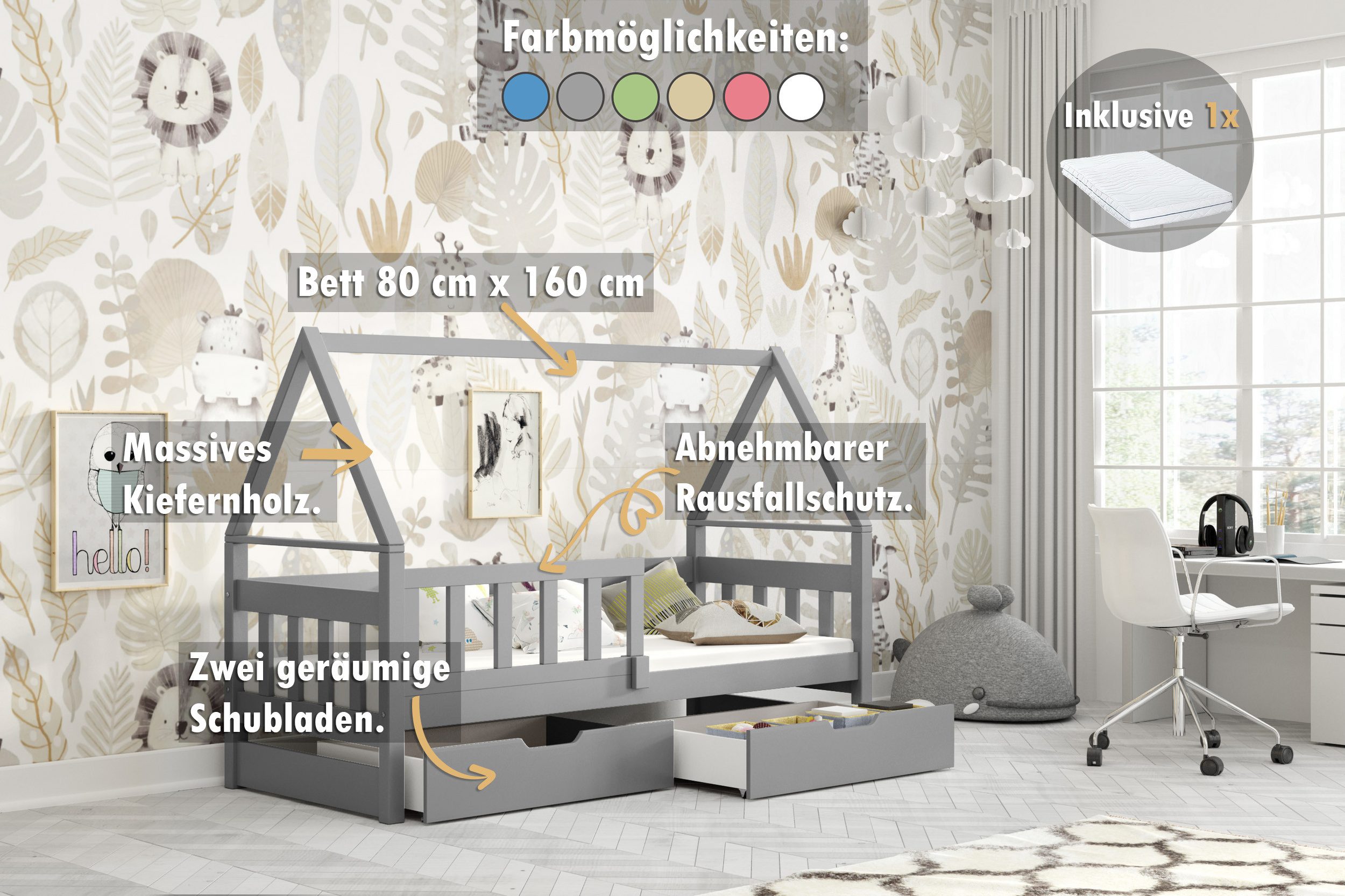 thematys Kinderbett mit Rausfallschutz und Ausziehbett günstig online kaufen