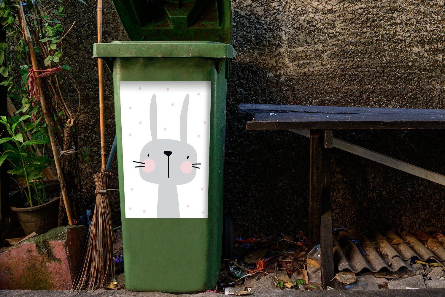 Illustration - Wandsticker Sticker, Abfalbehälter MuchoWow Mülltonne, (1 Punkte Container, Kinder - - St), Mülleimer-aufkleber, Kaninchen Rosa