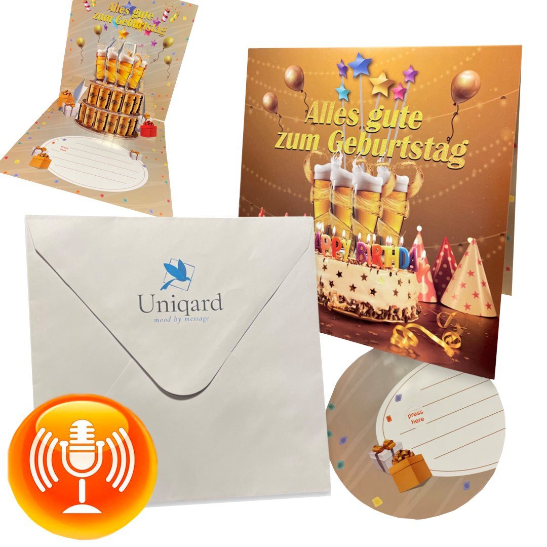 UNIQARD Glückwunschkarte 3D-Geburtstagskarte - Pop-up-Karte mit Aufnahmefunktion Geburtstag Lustig Bier