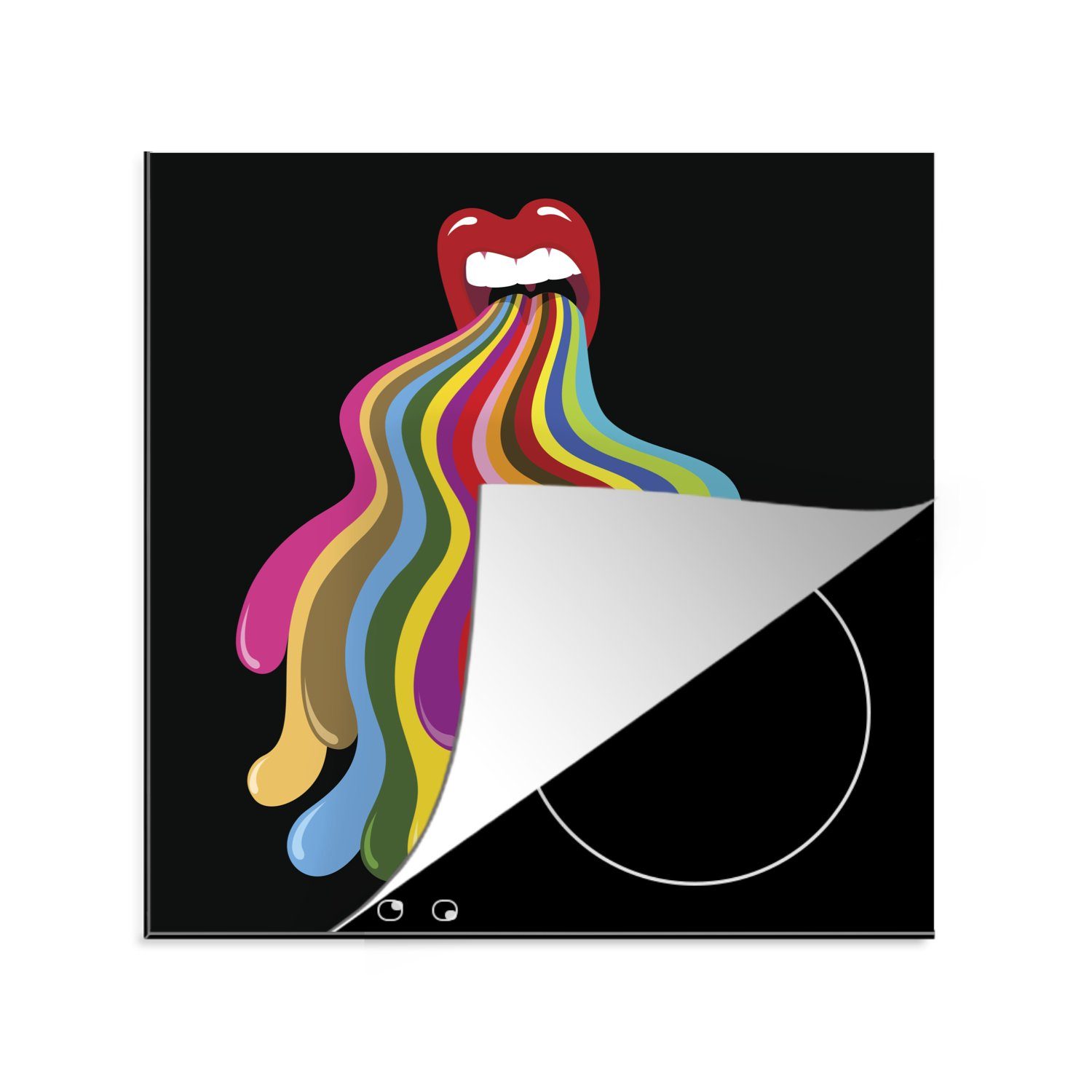 MuchoWow Herdblende-/Abdeckplatte Eine Illustration eines Mundes mit einem Regenbogen darin, Vinyl, (1 tlg), 78x78 cm, Ceranfeldabdeckung, Arbeitsplatte für küche