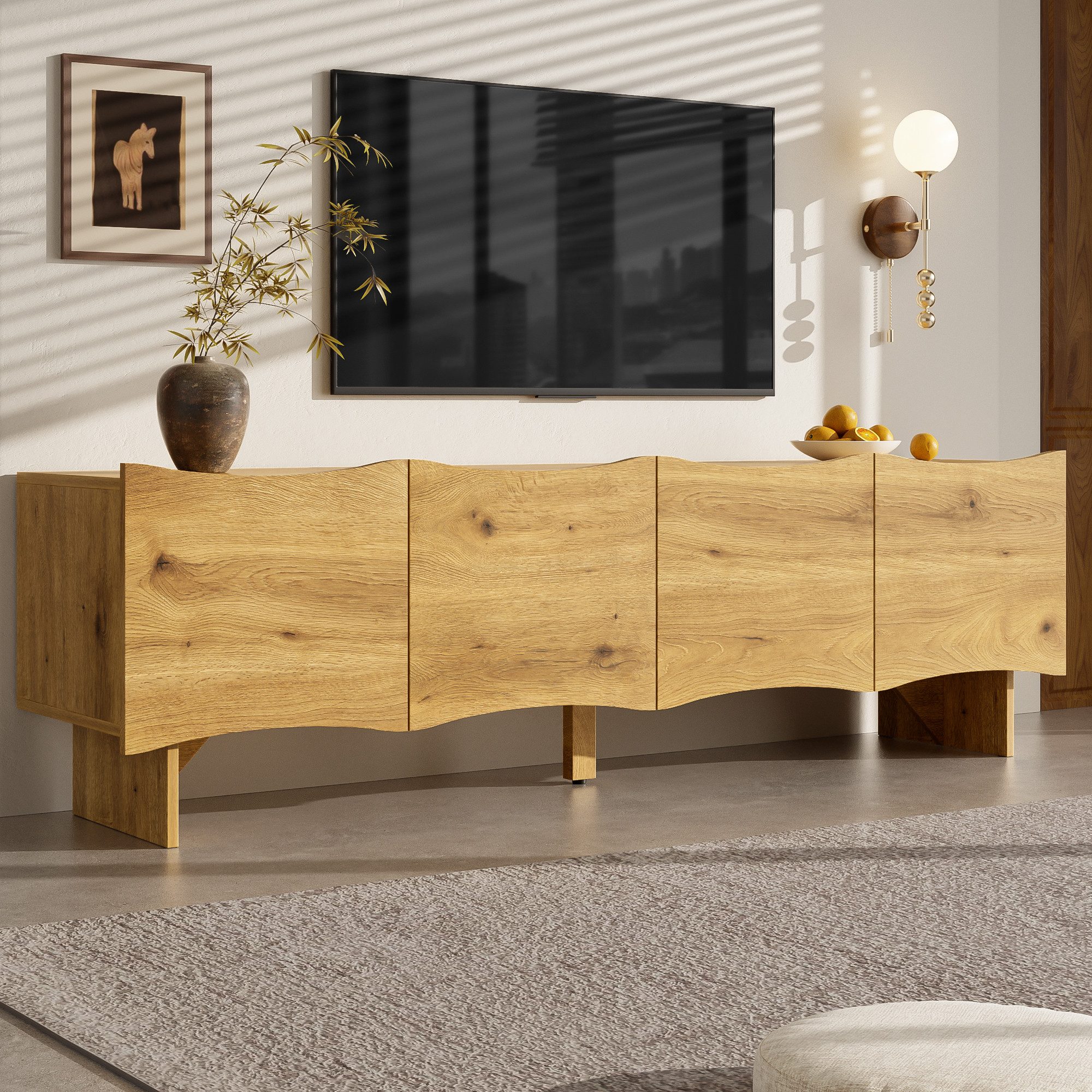 Merax Lowboard in Holzoptik mit Wellenmuster (1 St), TV-Schrank mit 4 Türen & Stauraum, Kabeldurchführungen, 155x36x47cm – Bild 5 von 5