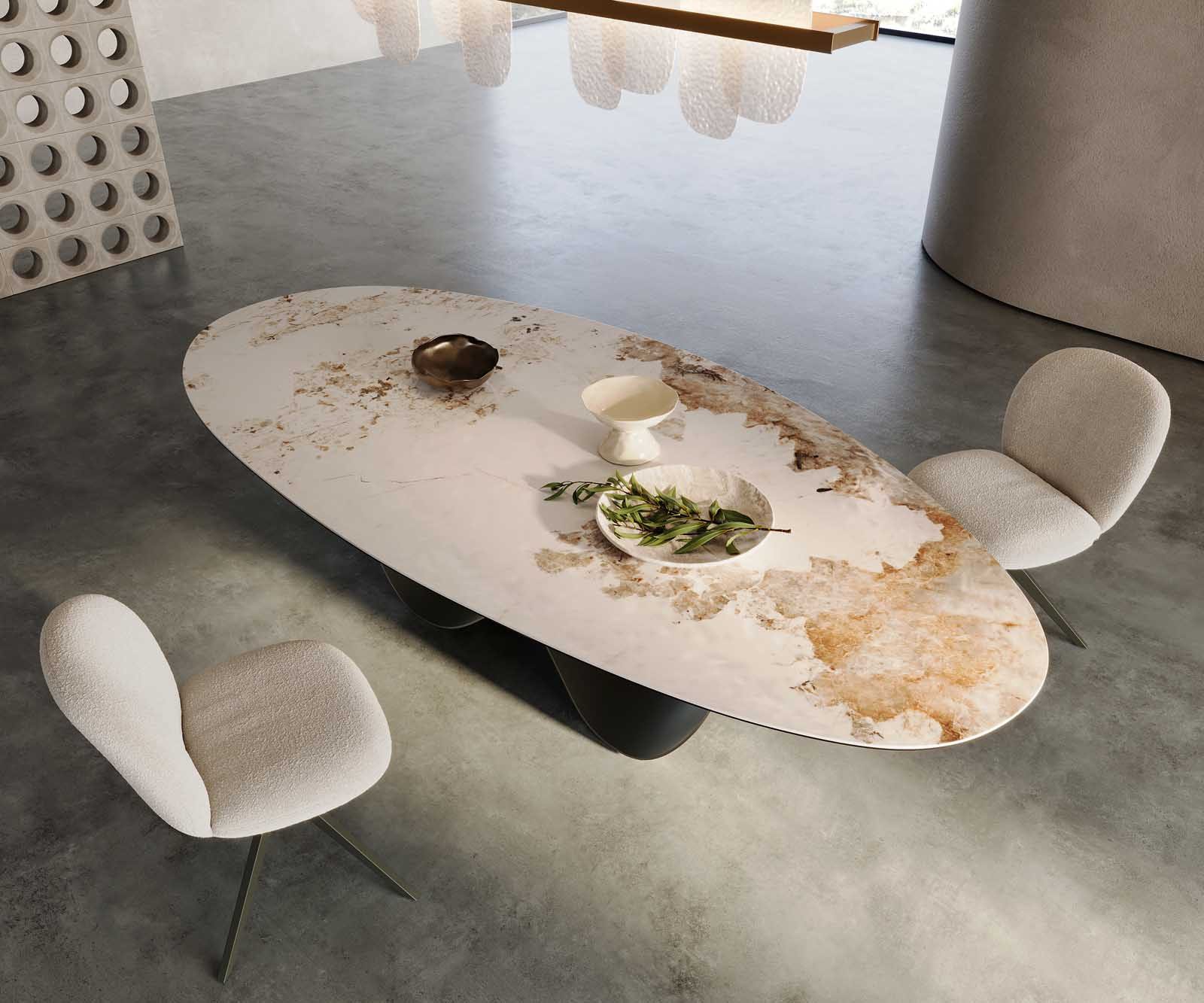 DELIFE Esstisch Edge, Oval Keramik Minas Melange Weiß-Beige 280x130 Infinity Metall Effektfi