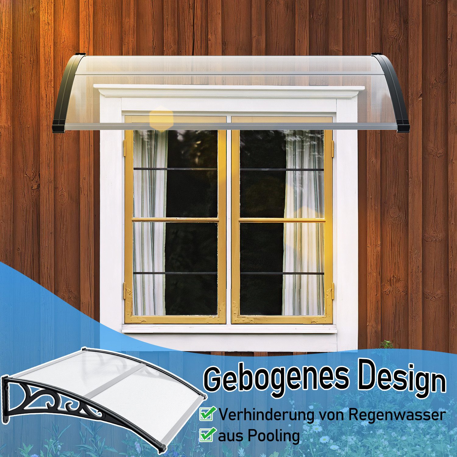 Clanmacy Vordach Haustürvordach 120 x 100 cm, Polycarbonat, transparent, wetterfest – Bild 5 von 5