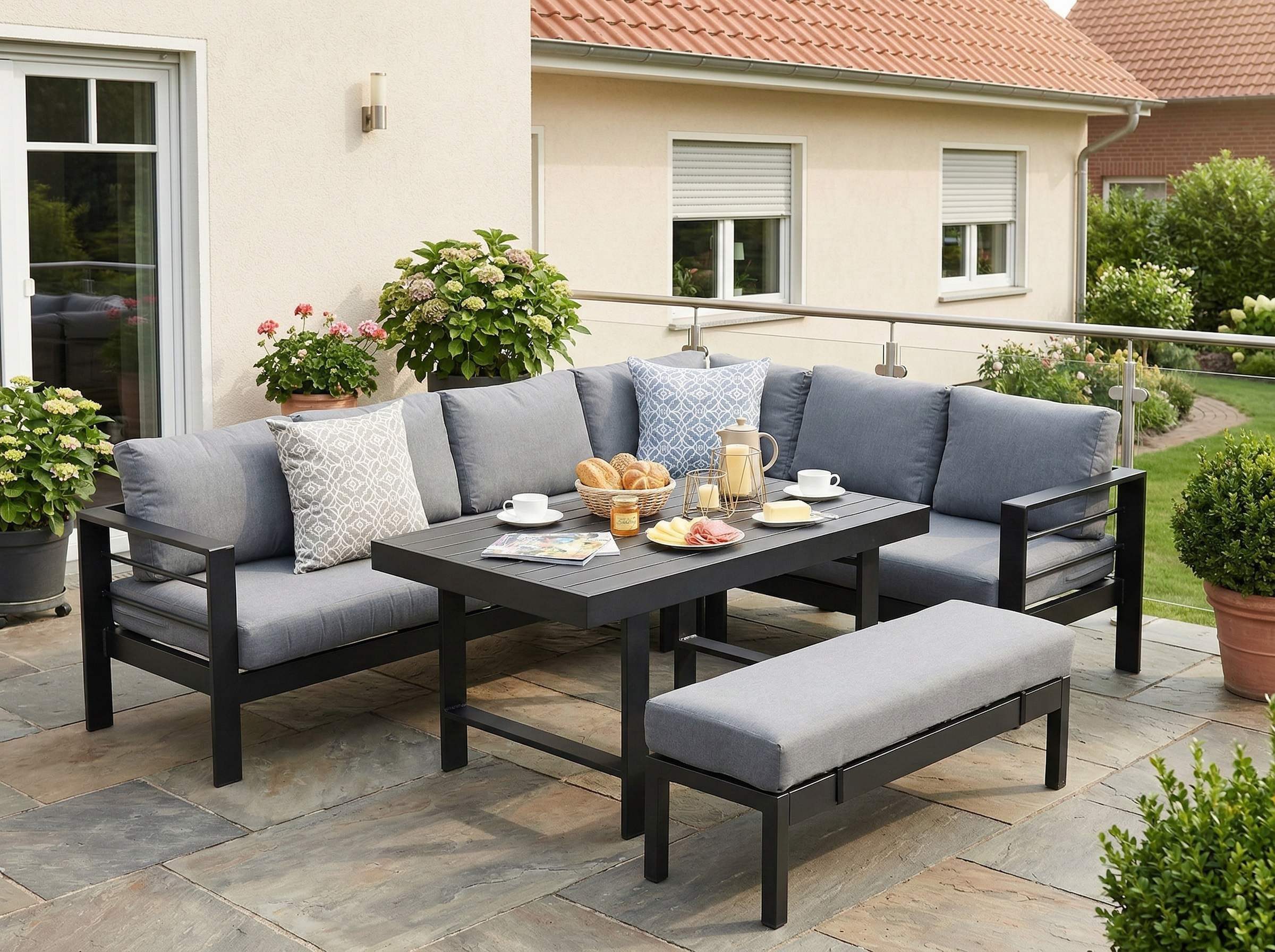 MeXo Gartenlounge-Set XXL Gartenmöbel Set Aluminium für 6-8 Personen, (Dining Loungeset Outdoor, 5-tlg., mit 12 cm dicken Sitzkissen, pflegeleichte Polywood-Tischplatte), wetterfeste Ecklounge mit Esstisch