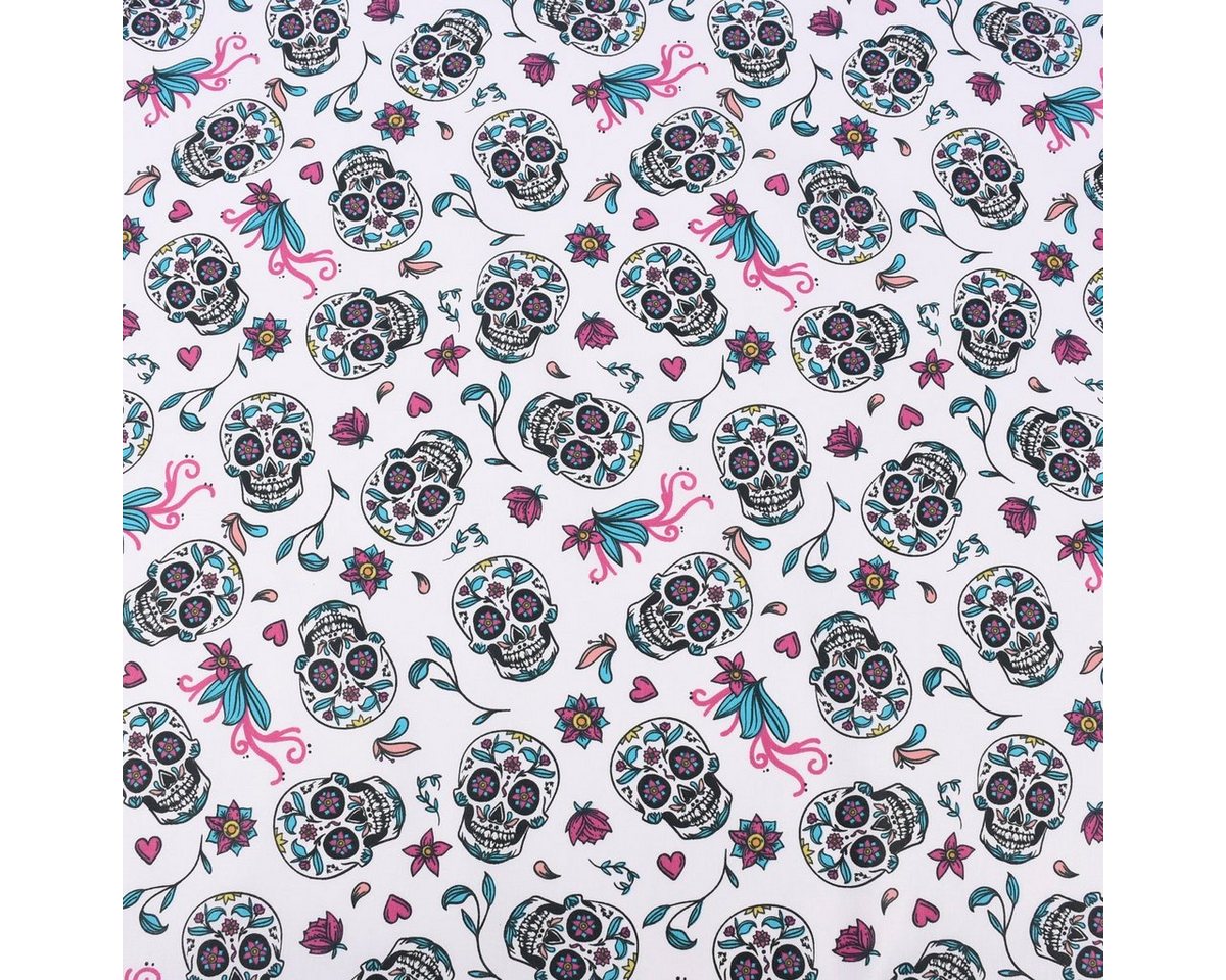 Thumbnail - SCHÖNER LEBEN. Stoff Baumwollstoff Totenköpfe Blumen Blätter weiß pink türkis 1,5m