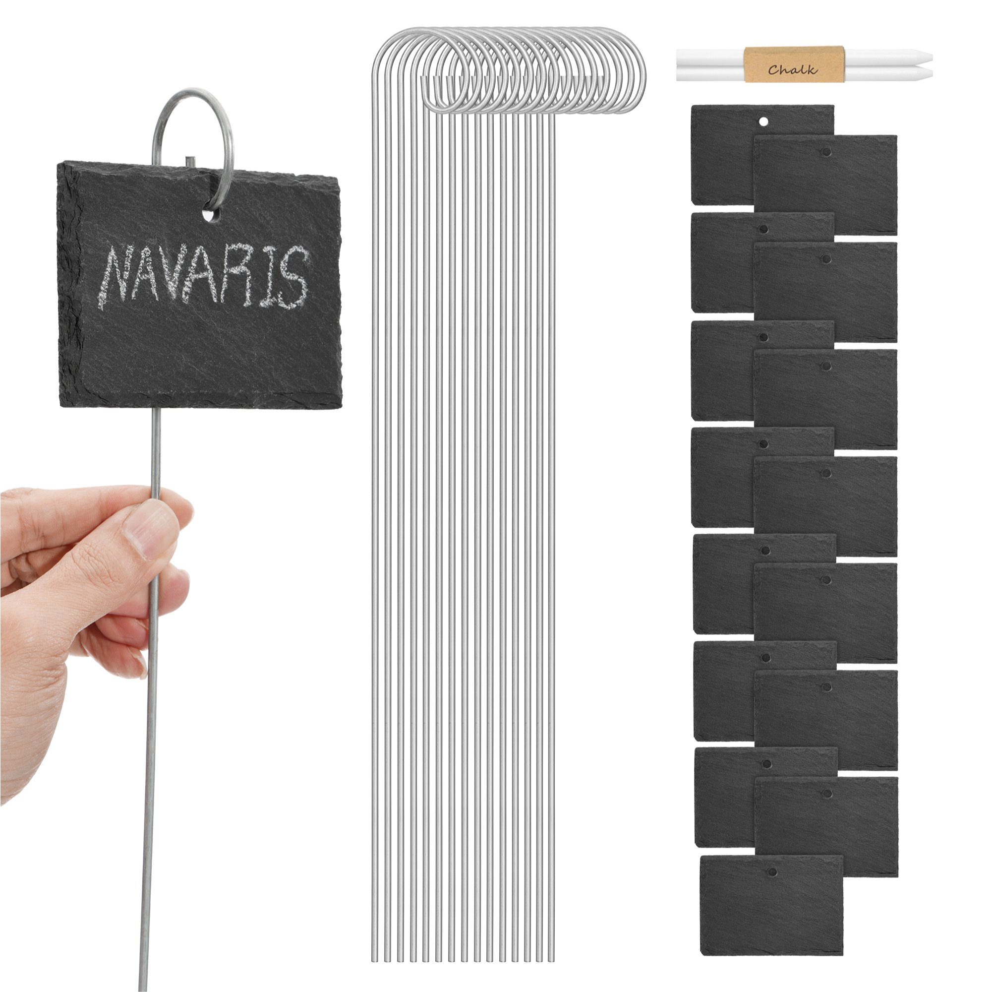 Navaris Hinweisschild 15x Schiefer Pflanzenschilder mit 40cm Metallstab - mit Kreide, (15 St)