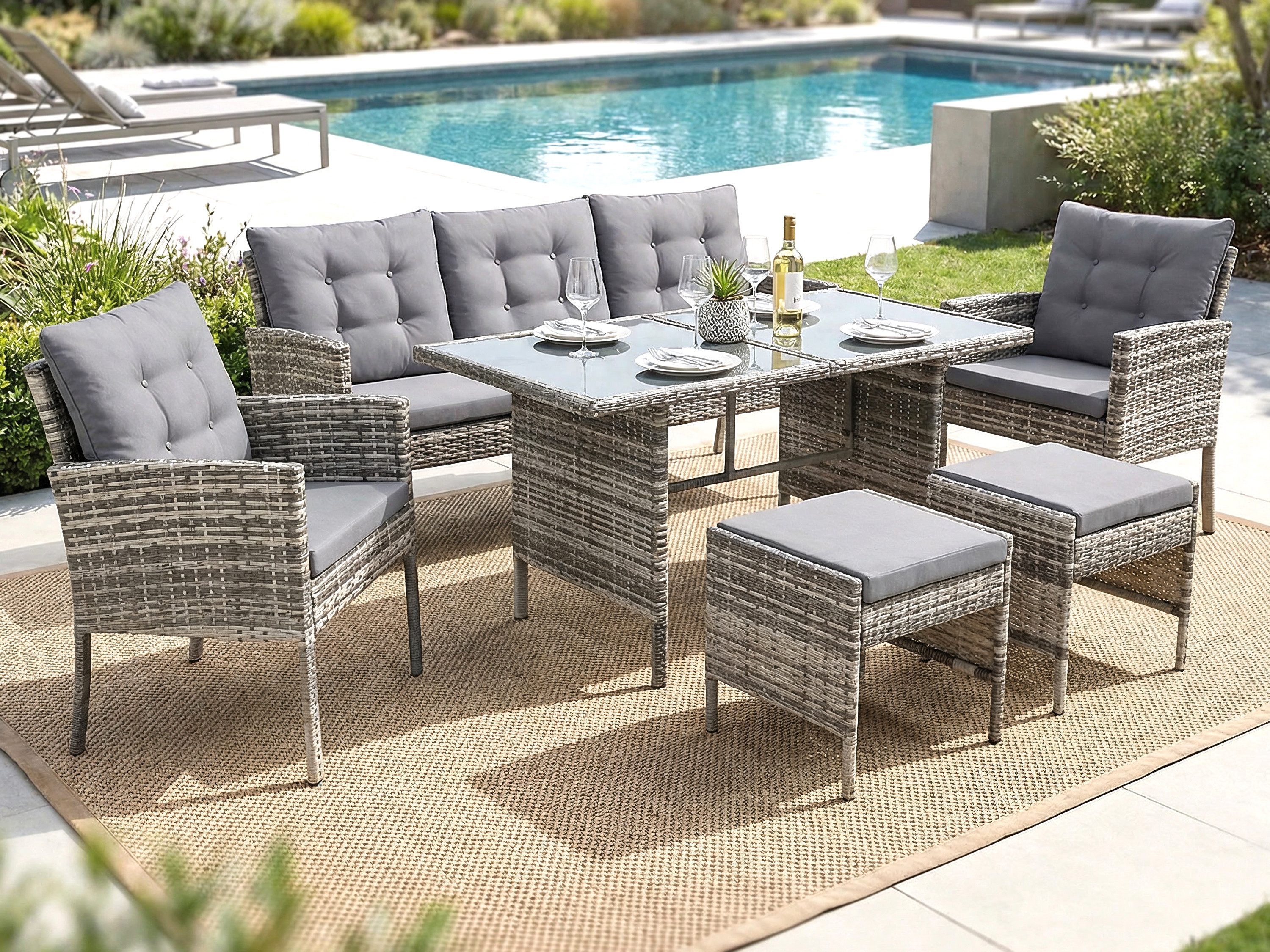 Swing&Harmonie Gartenlounge-Set Rattan Sitzgruppe für 7 Personen Polyrattan, (Set, Esstisch Lounge Sitzgarnitur Essgruppe), Gartenmöbel Set 6-teilig