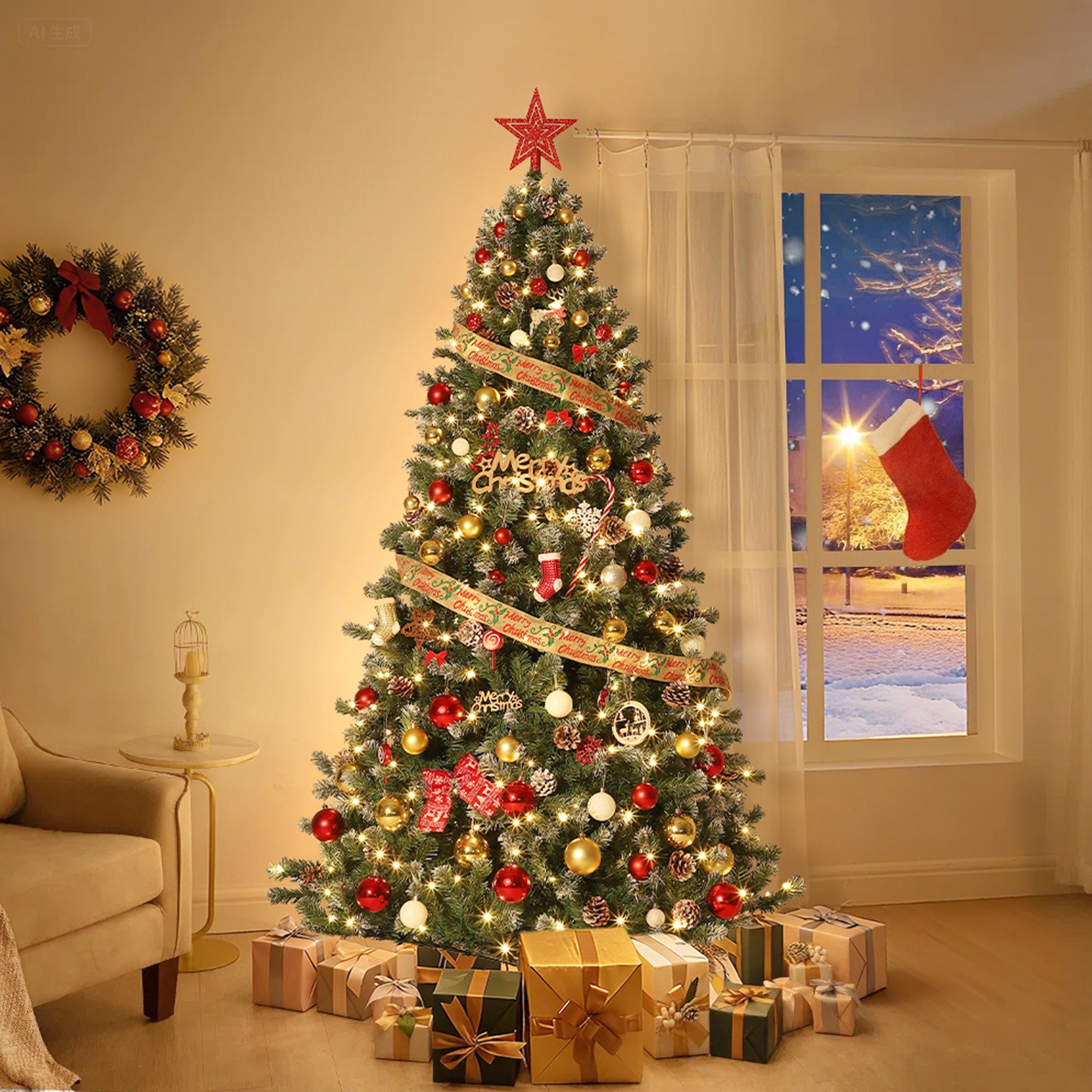 GarveeMore Künstlicher Weihnachtsbaum mit LED-Lichtern & Zapfendekor, naturgetreue Optik, 137/183/229/274 cm, für Wohnzimmer, Büro, Schaufenster