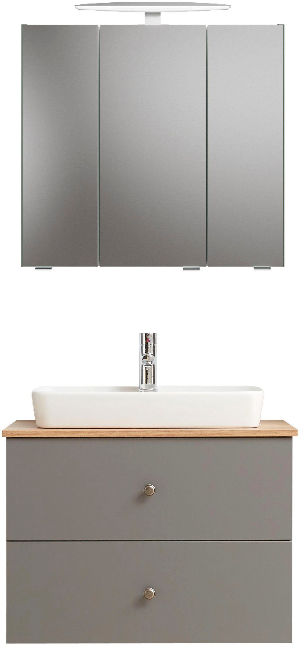 Waschtischunterschrank, Waschtischplatte, 937.073002, Keramik-Aufsatzbecken, Badmöbel-Set Spiegelschrank PELIPAL (4-St),