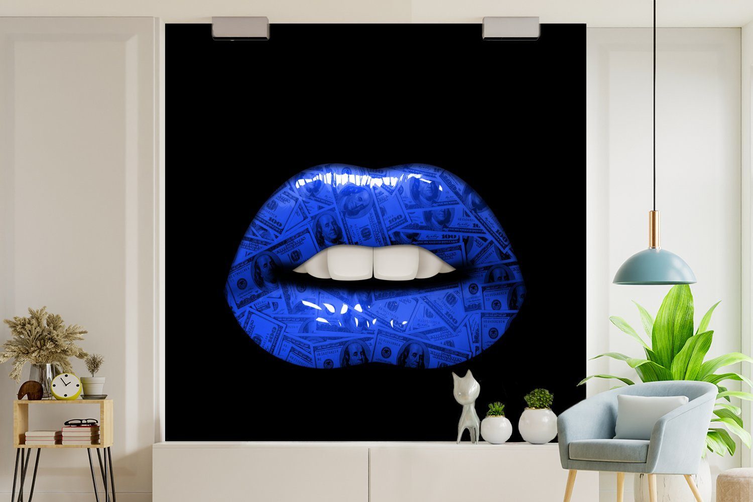 Tapete oder - Wandtapete (5 Schlafzimmer, MuchoWow bedruckt, Fototapete - Matt, St), Lippen Vinyl Geld Blau, Wohnzimmer für