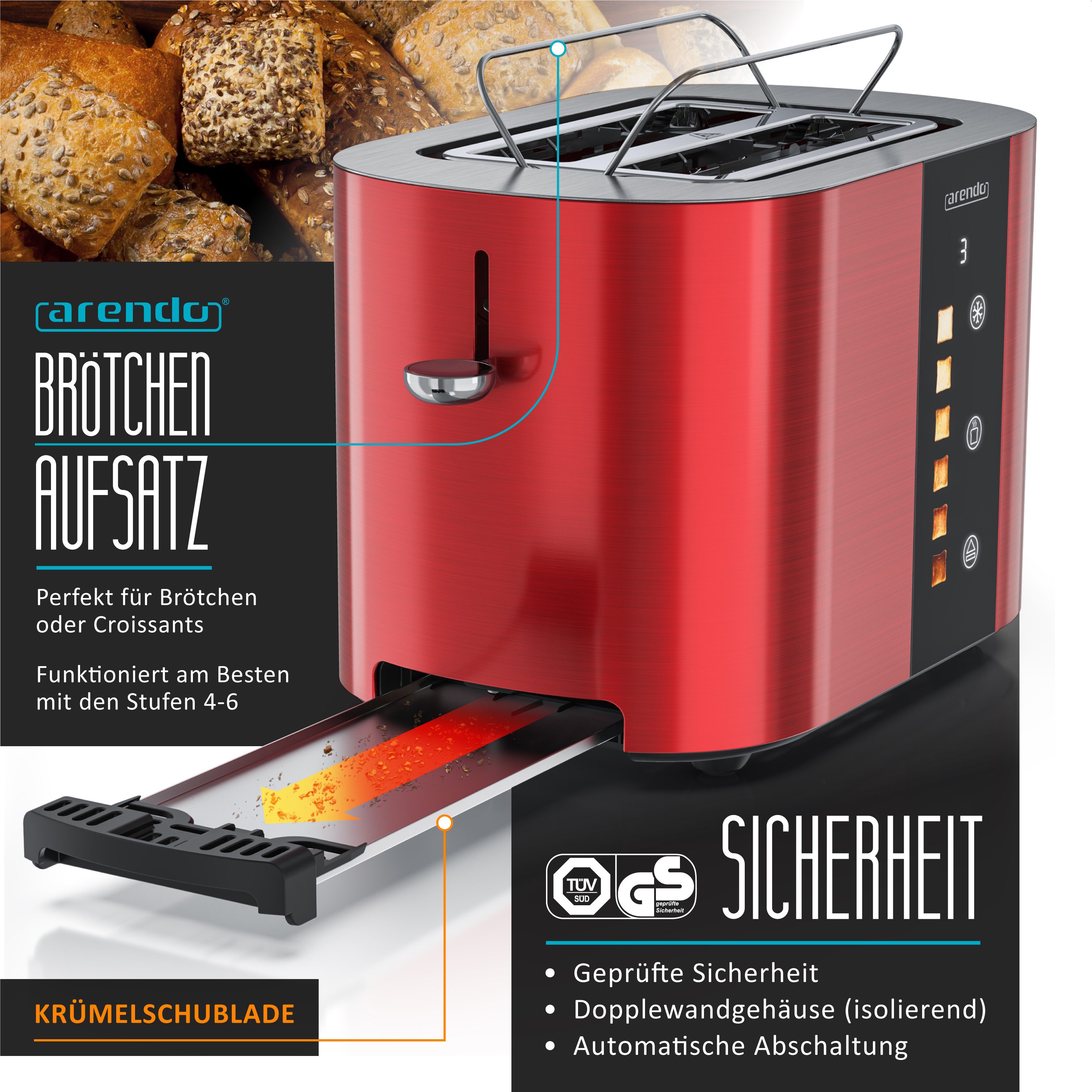 Arendo Toaster Edelstahl, Kurzschlitz, Touch Display, Restzeit & Bräunungsgradanzeige, 2 Schlitze, für 2 Scheiben, 800 W, Brötchenaufsatz, Wärmeisoliert, Toast-Symbole für Bräunungsgradauswahl