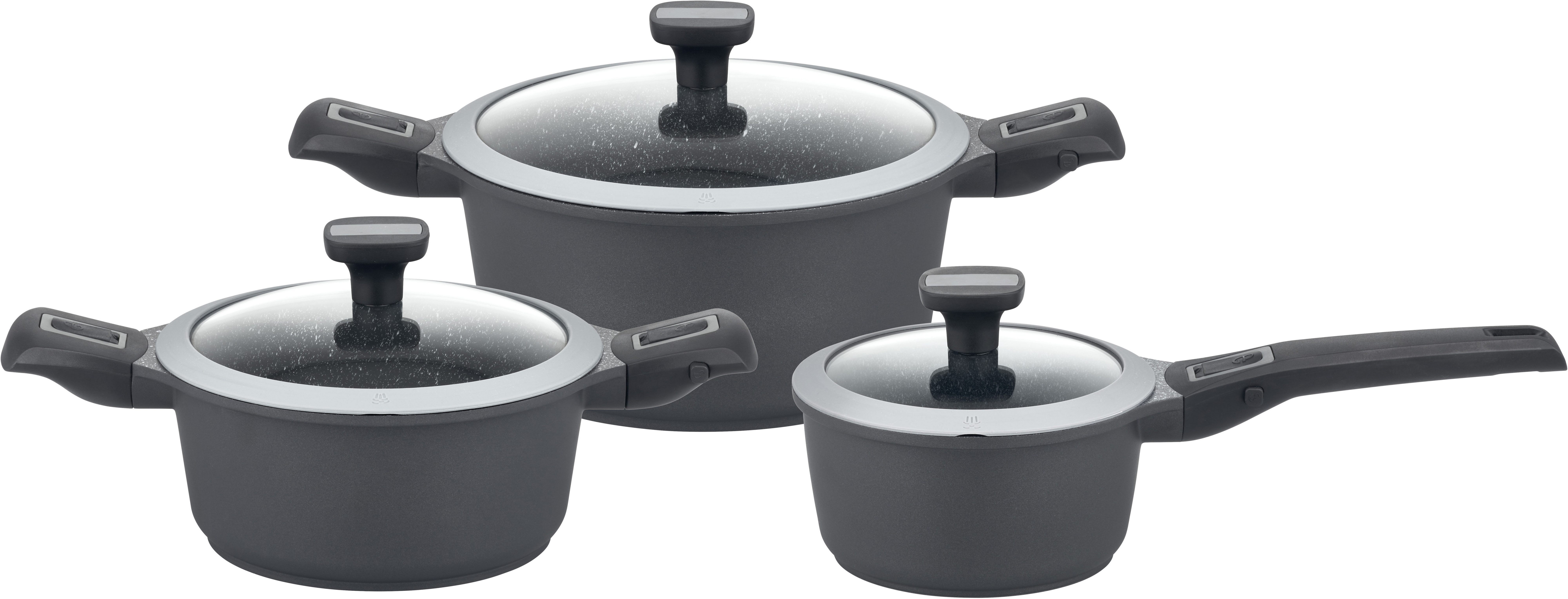 GSW Topf-Set Easy Click, Aluminiumguss (Set, 6-tlg., 1x Kochtopf Ø 20 cm, 1x Kochtopf Ø 24 cm, 1x Stielkasserolle Ø 16 cm), Induktion