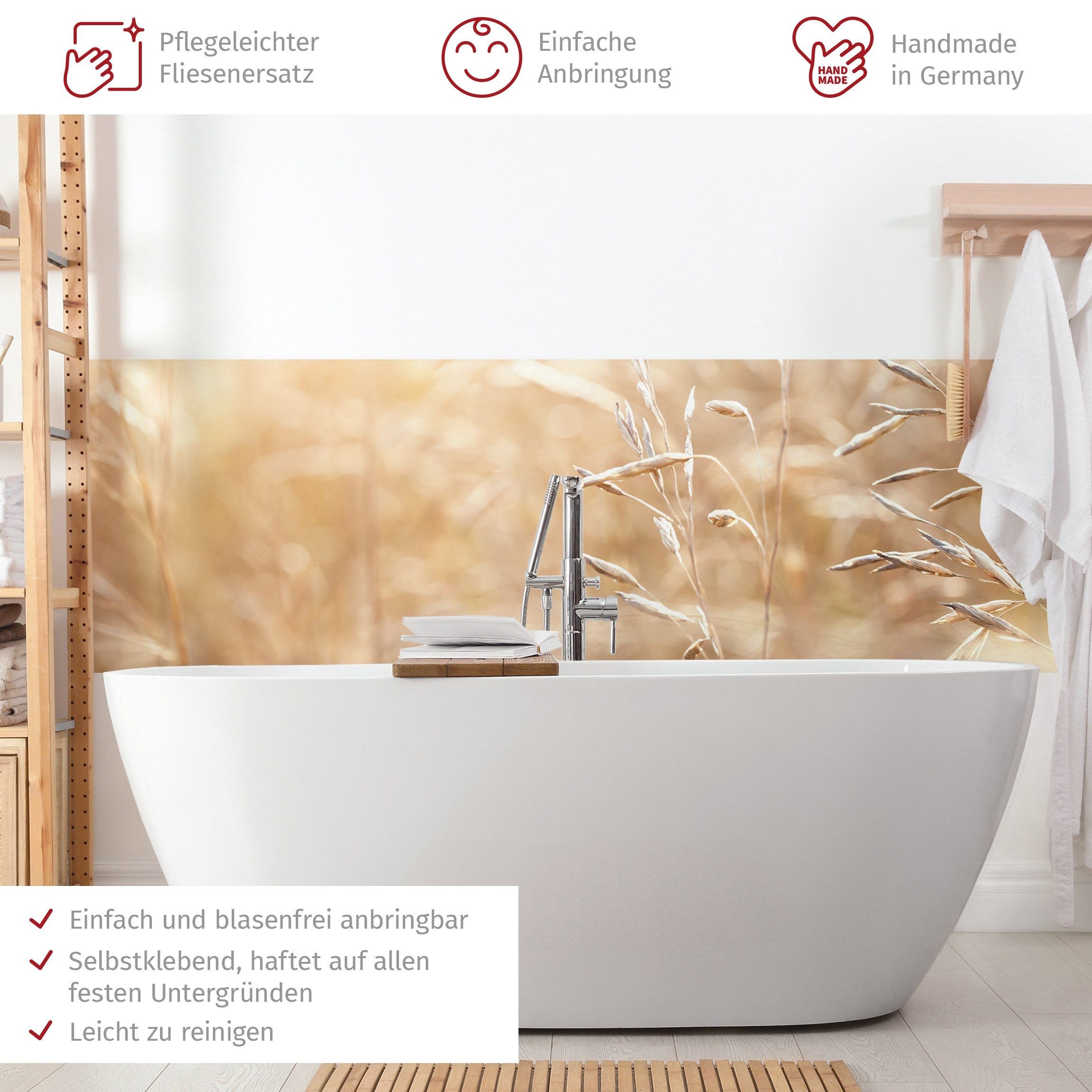 Bilderdepot24 Badrückwand beige fugenlose Wandverkleidung Bad Landhaus, (Hartfolie matt » Selbstklebend SMART 0,35 mm), wasserfestes Wandpaneel Gräser Sonnenschein