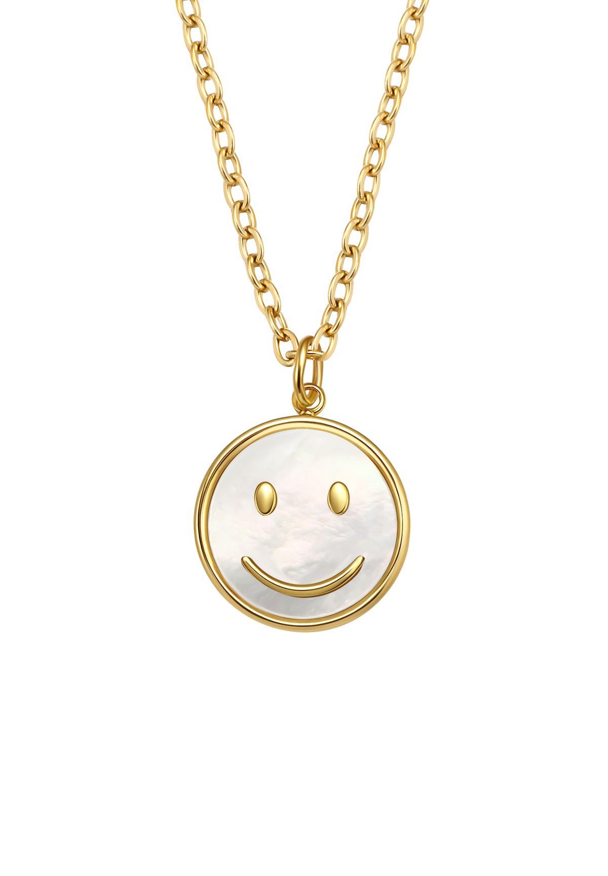 Hey Happiness Kette mit Anhänger Smiley, mit Muschel-Einsatz, Damen Halskette aus Edelstahl, 18k vergoldet
