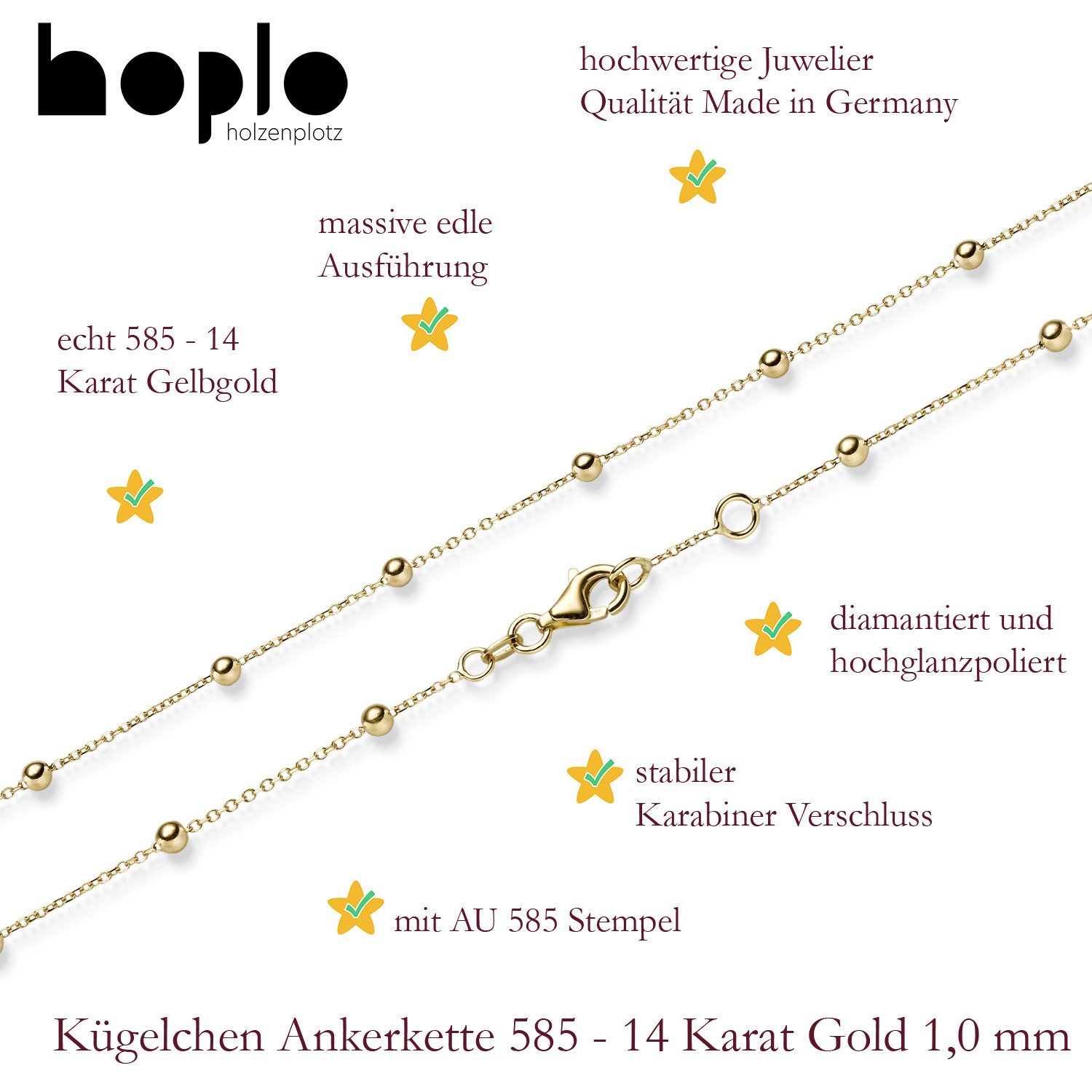 HOPLO Goldkette Goldkette Ankerkette mit Kügelchen 1,0mm Länge 19 cm 585-14 günstig online kaufen