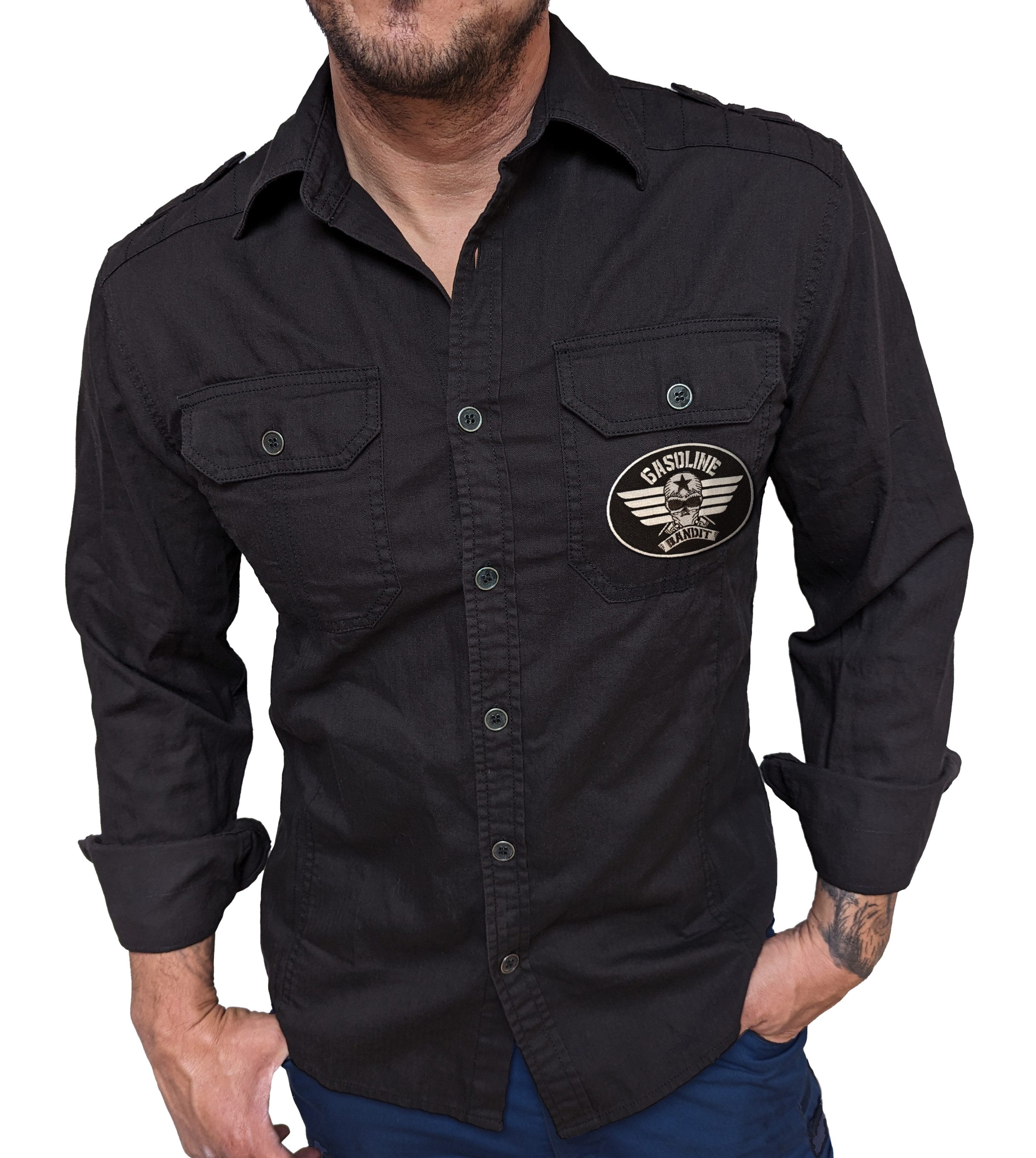 Jeanshemd mit Stickpatch und coolen Schulterklappen