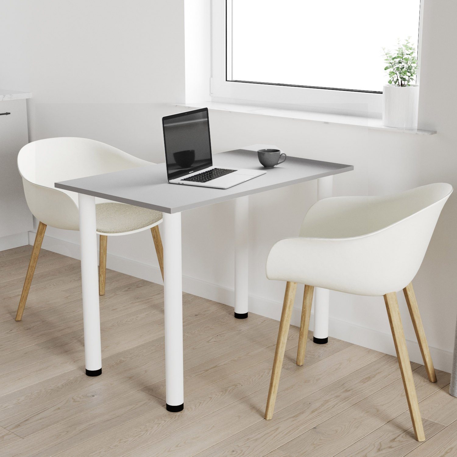 AKKE Esstisch, Esszimmertisch mit Graphite 2mm PVC weißen Küchentisch Light Bürotisch Beinen