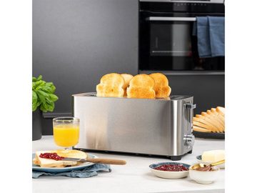 PRINCESS Toaster, 2 lange Schlitze, 1400 W, 4 Scheiben Edelstahl Toastmaschine Toster schmal mit Brötchenaufsatz