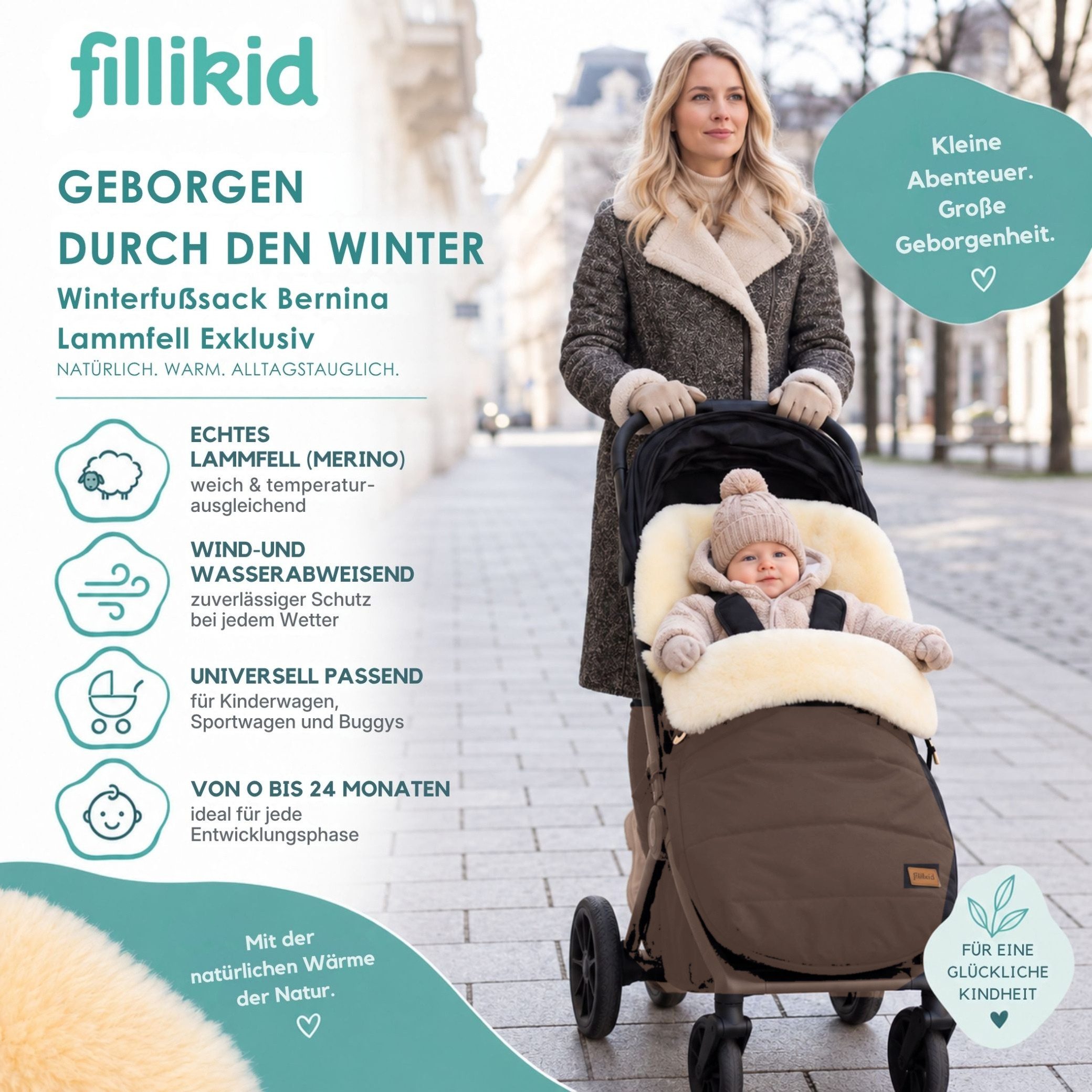 Fillikid Fußsack Winterfußsack Bernina Lammfell Exklusiv, Warmer Winterfußsack mit echtem Merino-Lammfell wasserabweisend und – Bild 2 von 5