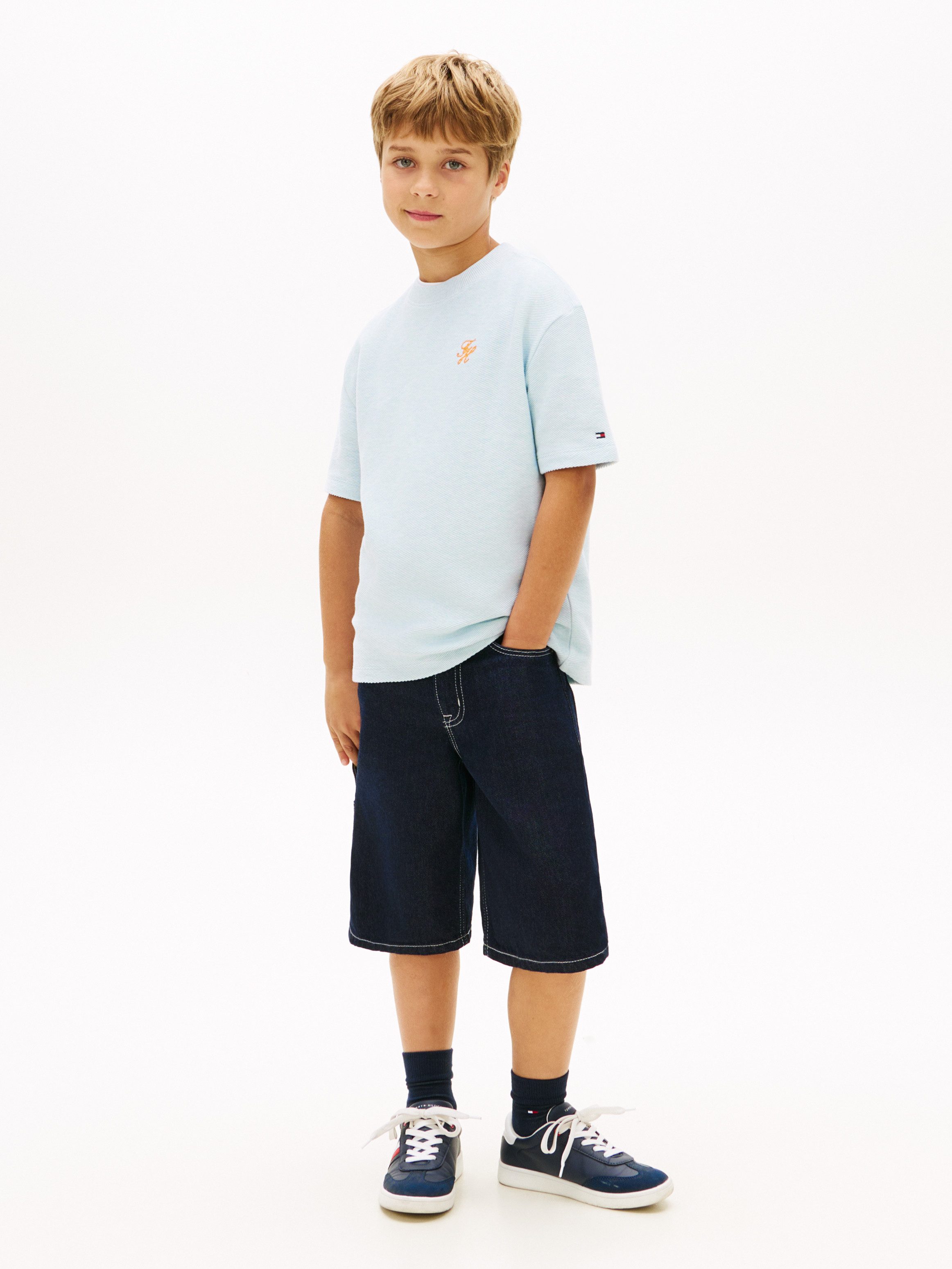Tommy Hilfiger T-Shirt TH SCRIPT JERSEY TWILL T-SHIRT Kinder bis 16 Jahre, Rundhals, bestickt