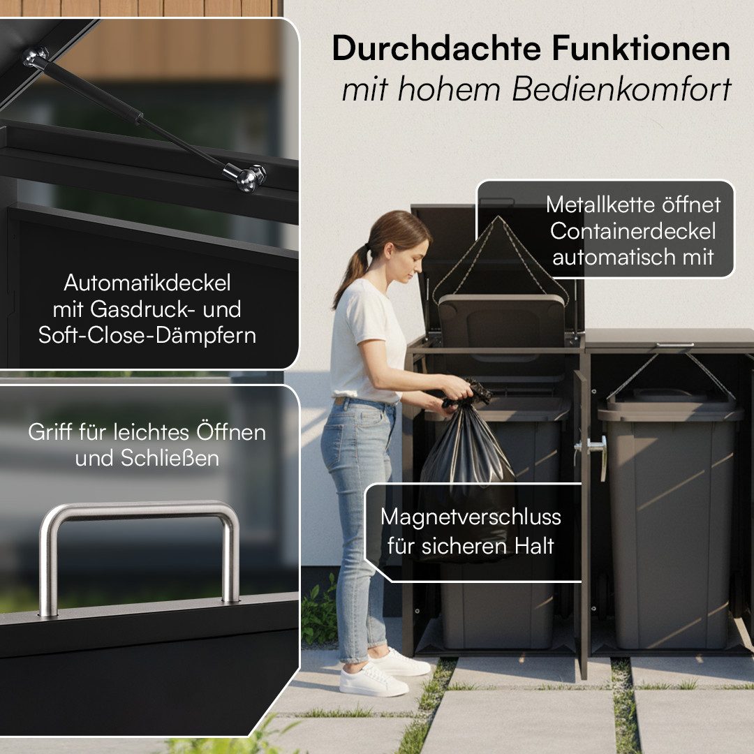 STEELSØN Mülltonnenbox Diorus 120L, abschließbar (Graphitschwarz, verfügbar mit 1, 2, 3, 4, oder 5 Türen), aus verzinktem Stahl