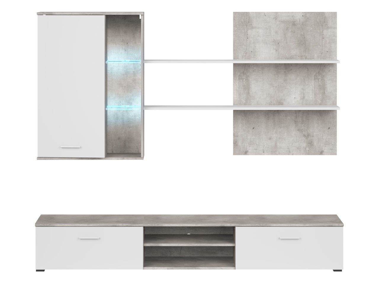 MIRJAN24 Wohnwand mit Quatro, (3er-Set, LED TV-Lowboard, Beleuchtung Hängevitrine, Wandregal), weißer