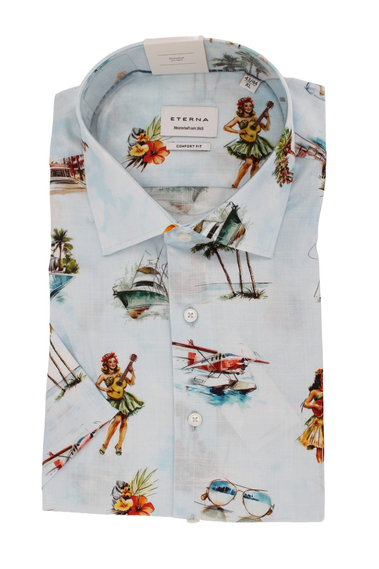 Eterna Kurzarmhemd ETERNA Herrenhemd Comfort Fit Kurzarm Hellblau Print ? 100% Baumwolle