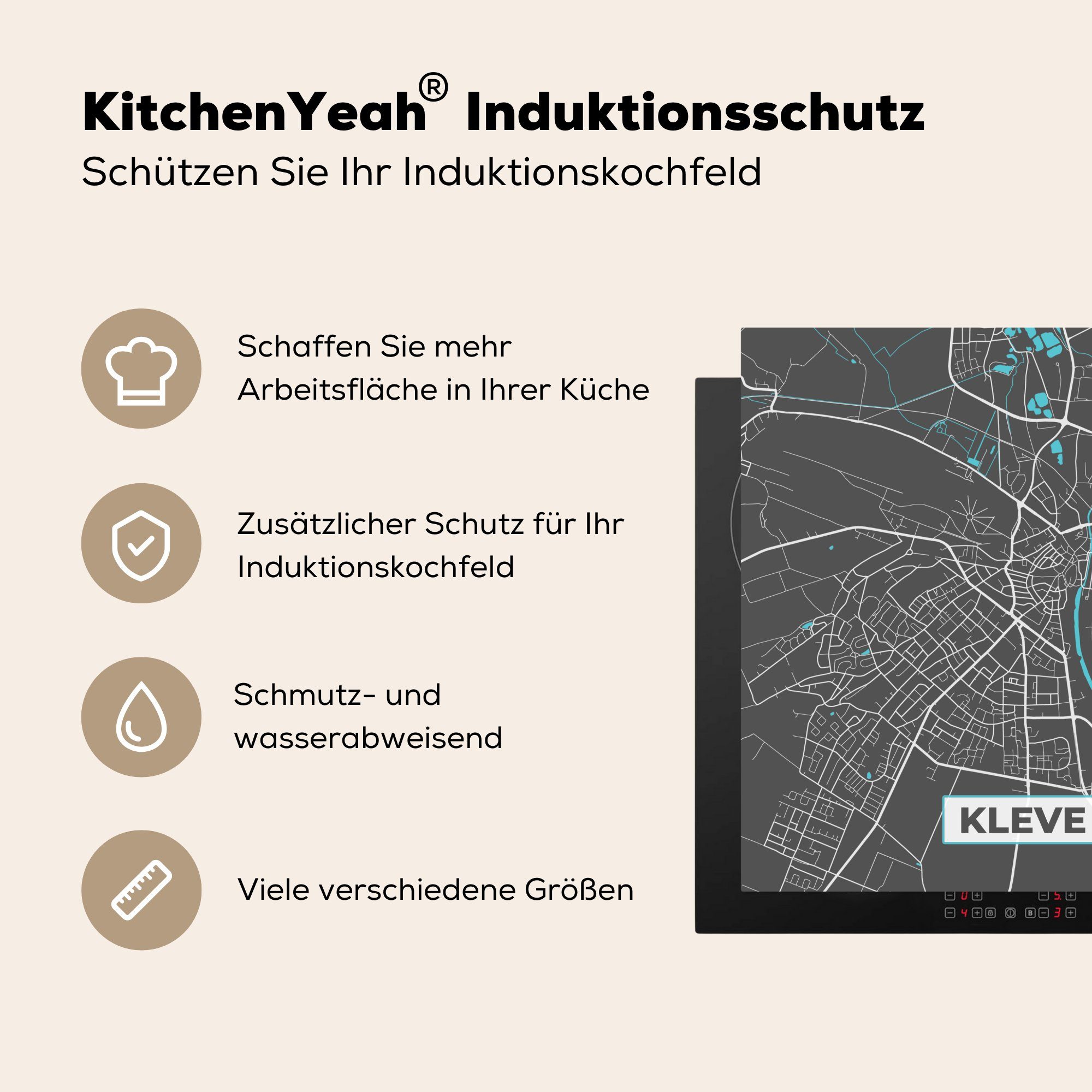 (1 cm, Stadtplan - 78x78 küche - Deutschland, Ceranfeldabdeckung, - - Karte MuchoWow Herdblende-/Abdeckplatte tlg), für Kleve Vinyl, Blau Arbeitsplatte