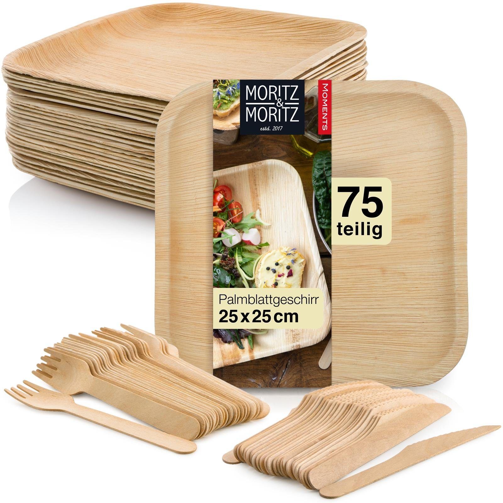 Moritz & Moritz Einweggeschirr-Set 75tlg Palmblatt Geschirr Eckig 25x25cm (75-tlg), 25 Personen, Palmblatt, Birkenholz, Эко-товарes Einweggeschirr - 25 Teller Einweg - 25 Holzbesteck Einweg