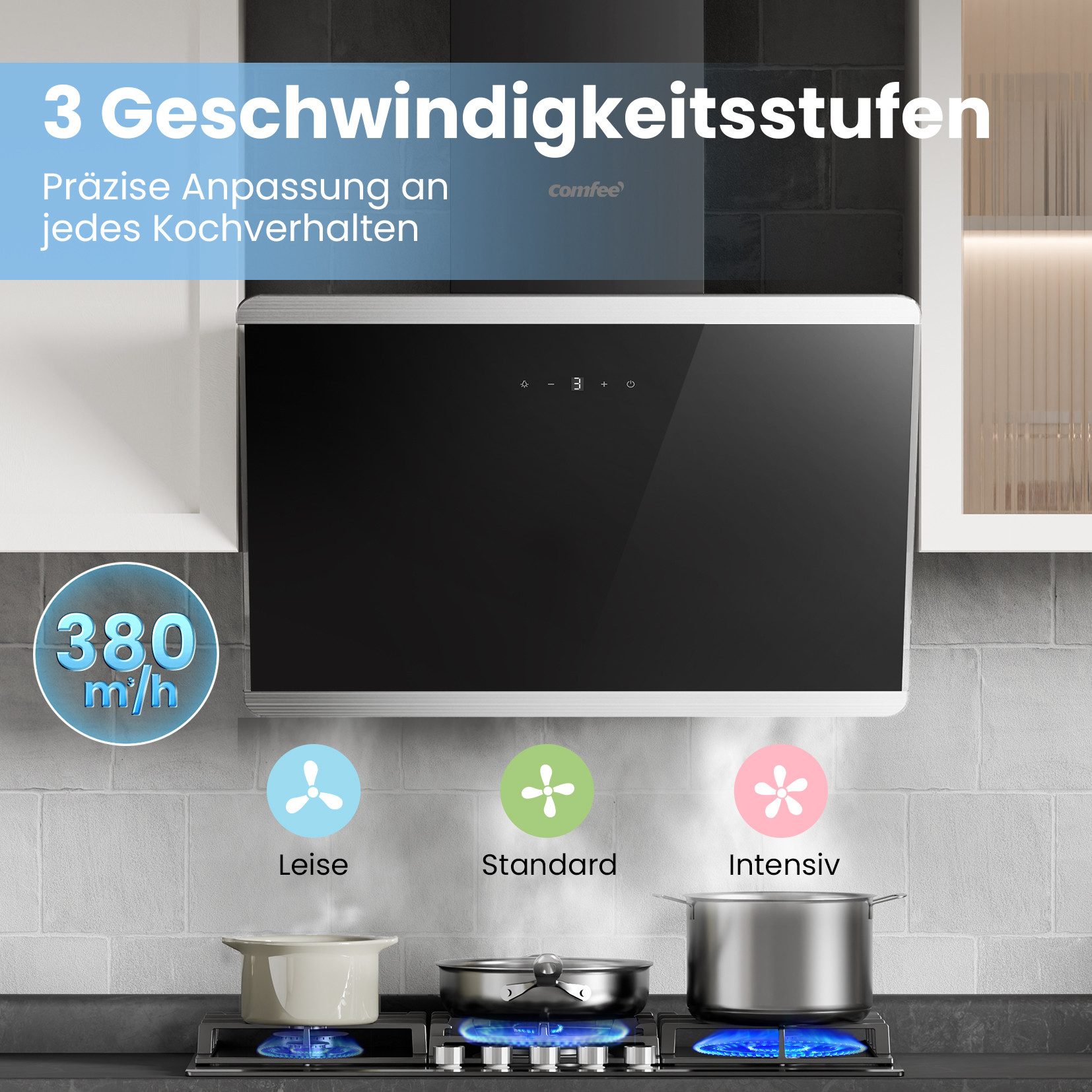 comfee Kopffreihaube CH60J64ET4A2B CH60J64ET4A2B, Touch, LED, 3 Stufen, 2 Modi, Kohlefilter, höhenverstellbar, sparsam