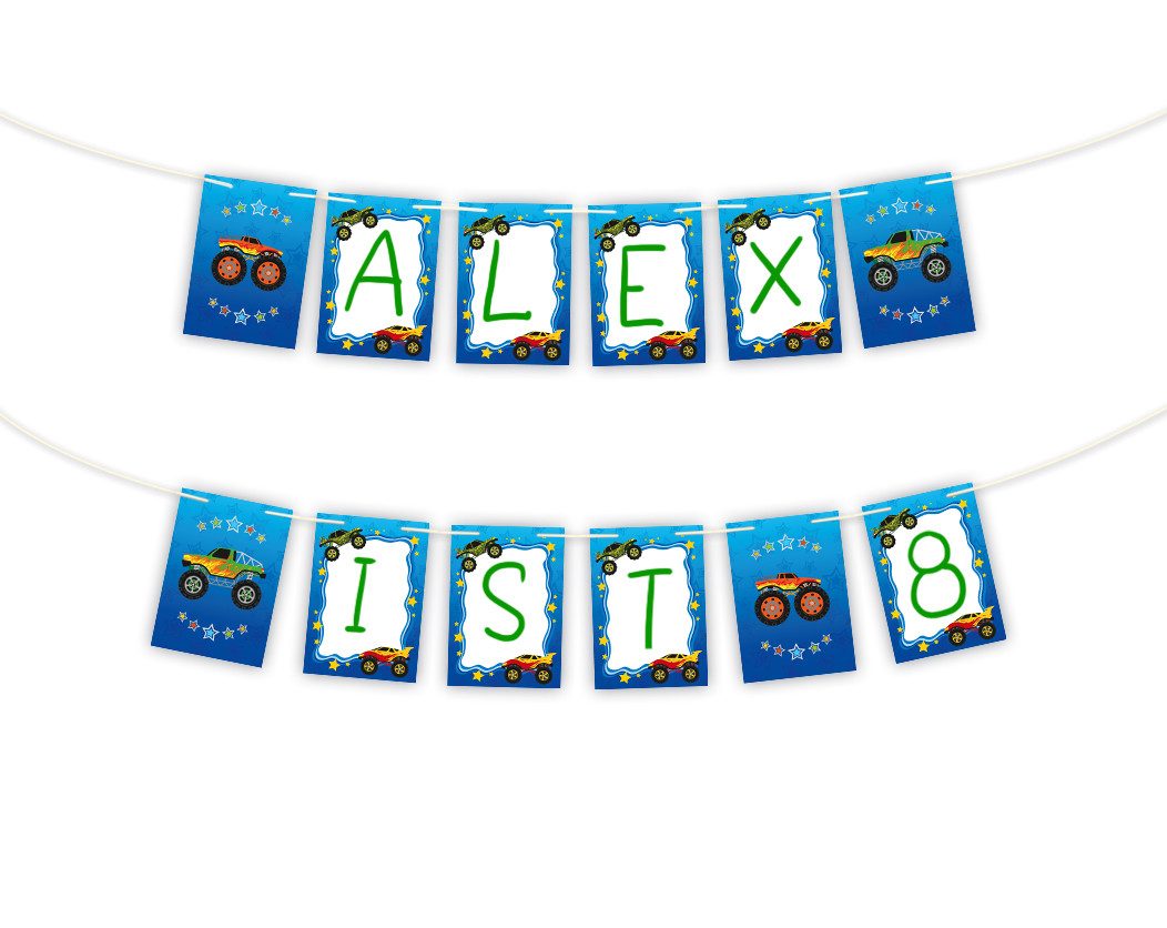 JUNAPACK Papierdekoration Party Set Deko Girlande Konfetti Tischset Kinder Geburtstag Auto Truck, Party Set mit Girlande, Konfetti und Tischsets Monster Truck Auto