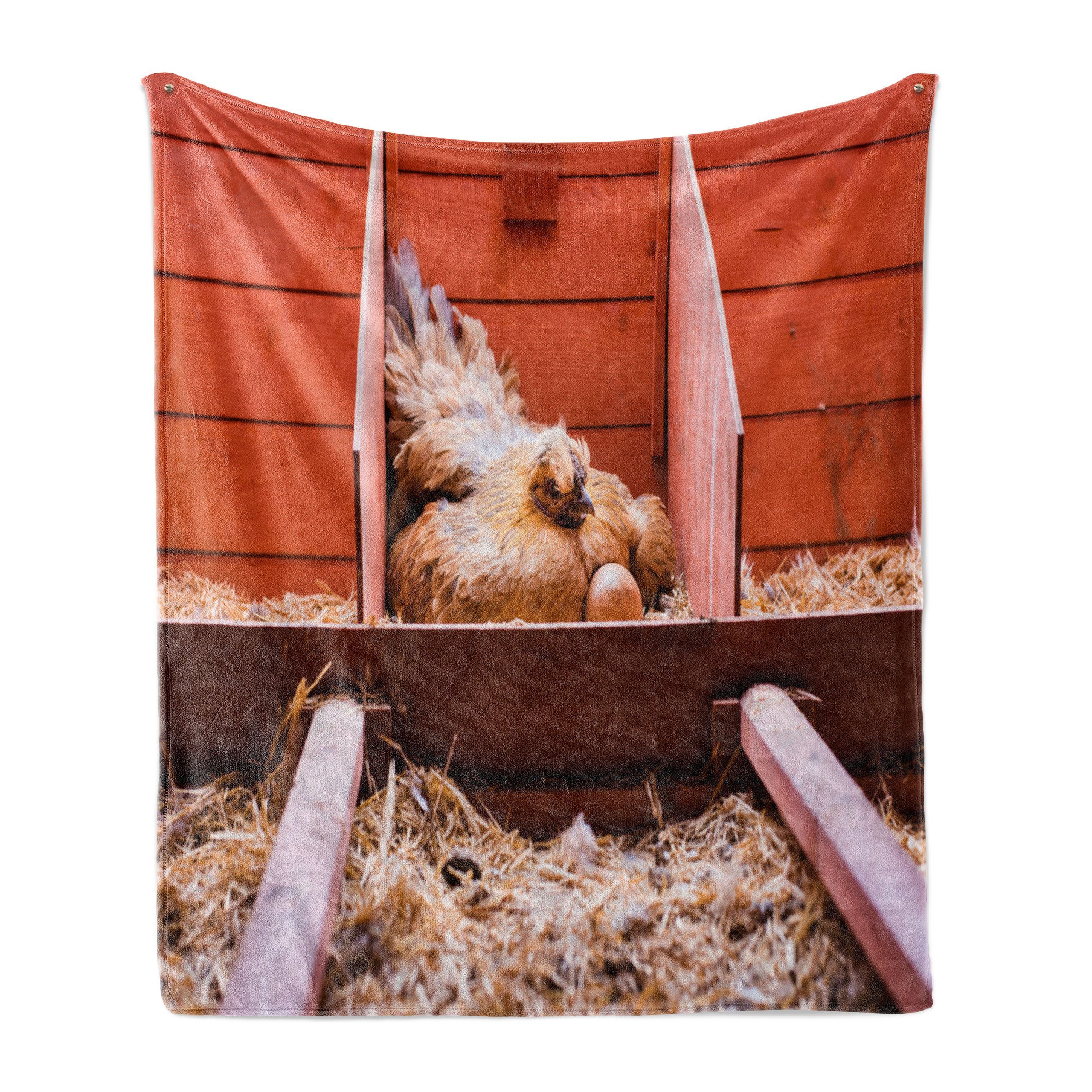 Wohndecke Gemütlicher Plüsch für den Innen- und Außenbereich, Abakuhaus, Bauernhoftier Henne im Käfig mit Eiern