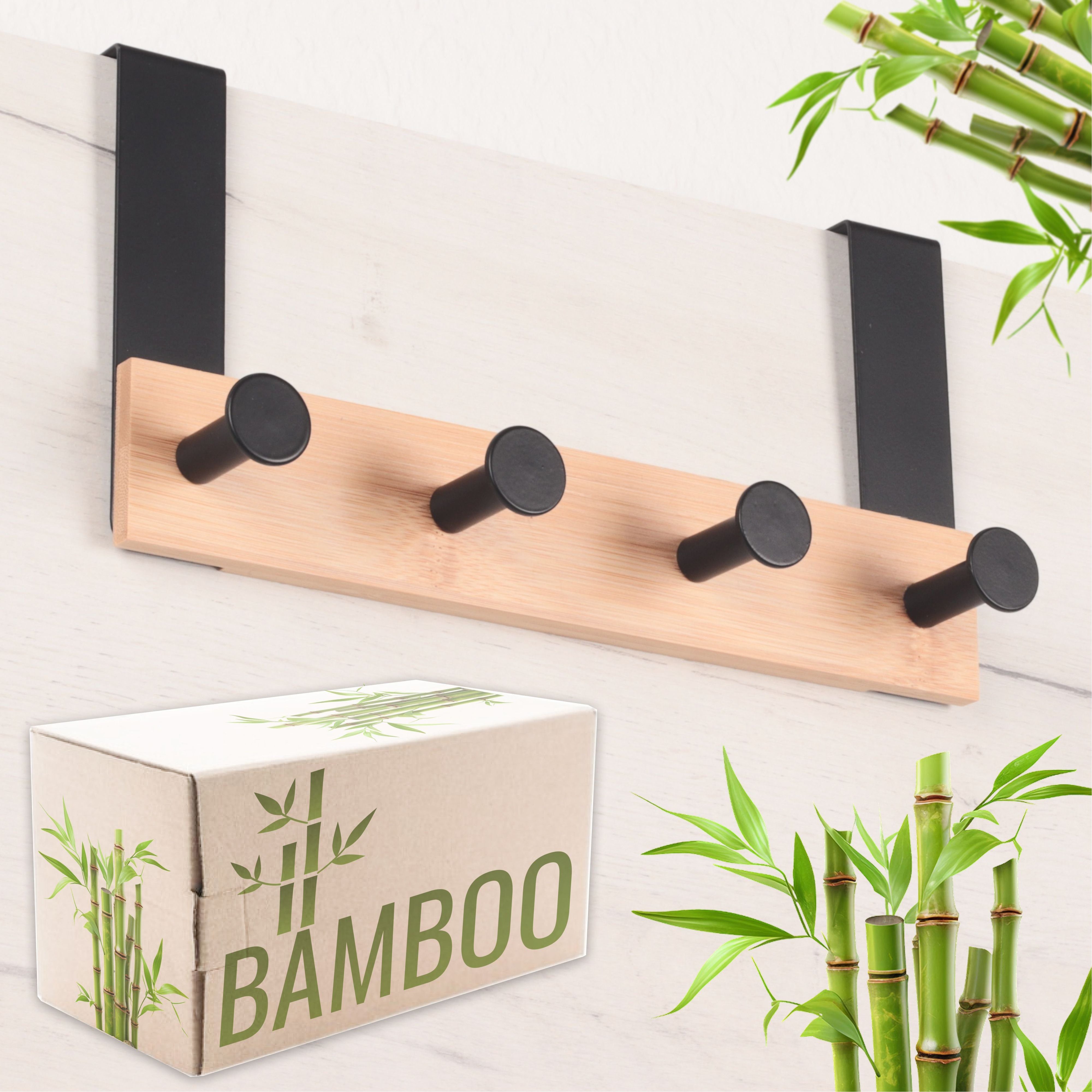 RICOO Garderobenleiste Tür Hakenleiste Hängegarderobe Türhakenleiste aus Bambus Stahl 4 Haken (1-er Set / 1 Stk. / MH029N-4, 1 St., Türgarderobe Garderobenhaken Tür Hakenleiste Platzsparende Garderobe), Garderobe ohne Bohren Kleiderhaken Tür bis max 23mm Türbreite
