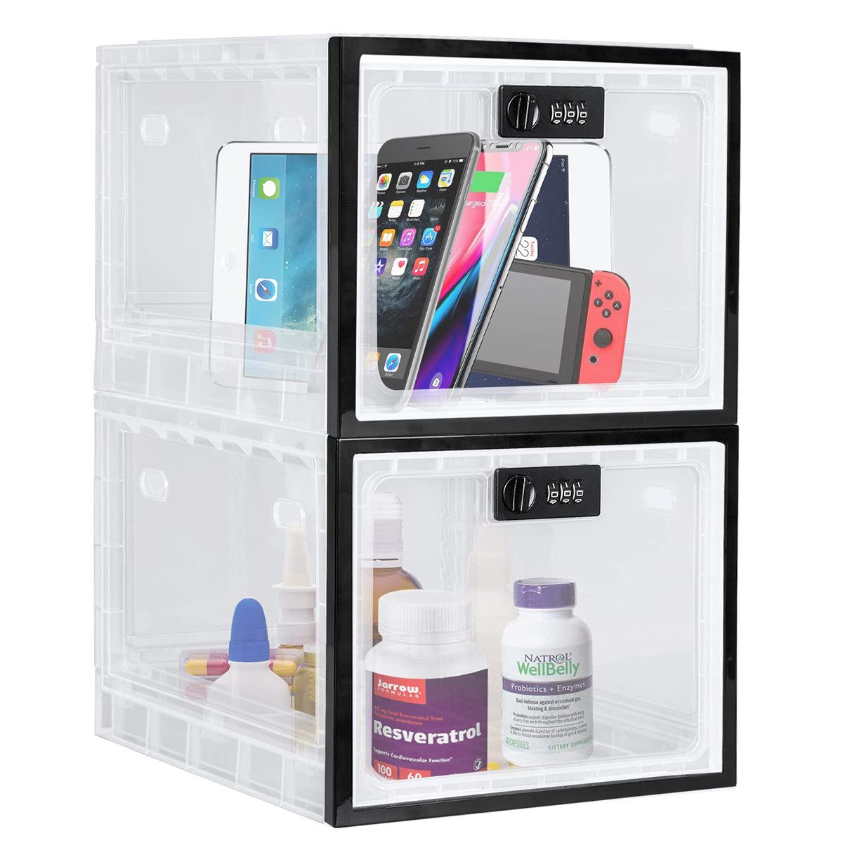 Novzep Aufbewahrungsbox 2-teilige Medikamentenbox mit Zahlenschloss, Organizer, für Medikamente, Lebensmittel