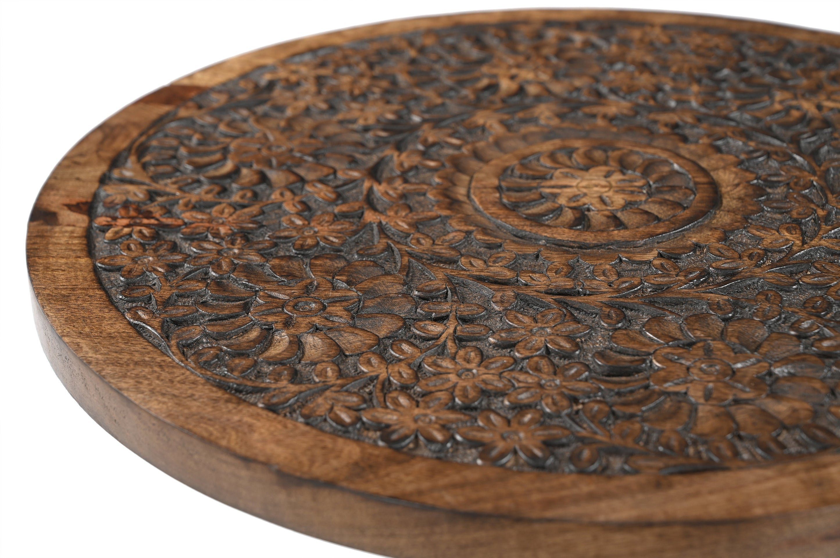 iAnanas Beistelltisch Orientalischer Beistelltisch Holz Dekotisch (Massivholz Beistelltisch Antikbraun - Rund mit geschnitztem Muster, 1-St), Orientalischer Sofatisch Massivholz - Mandala Holztisch Unikat