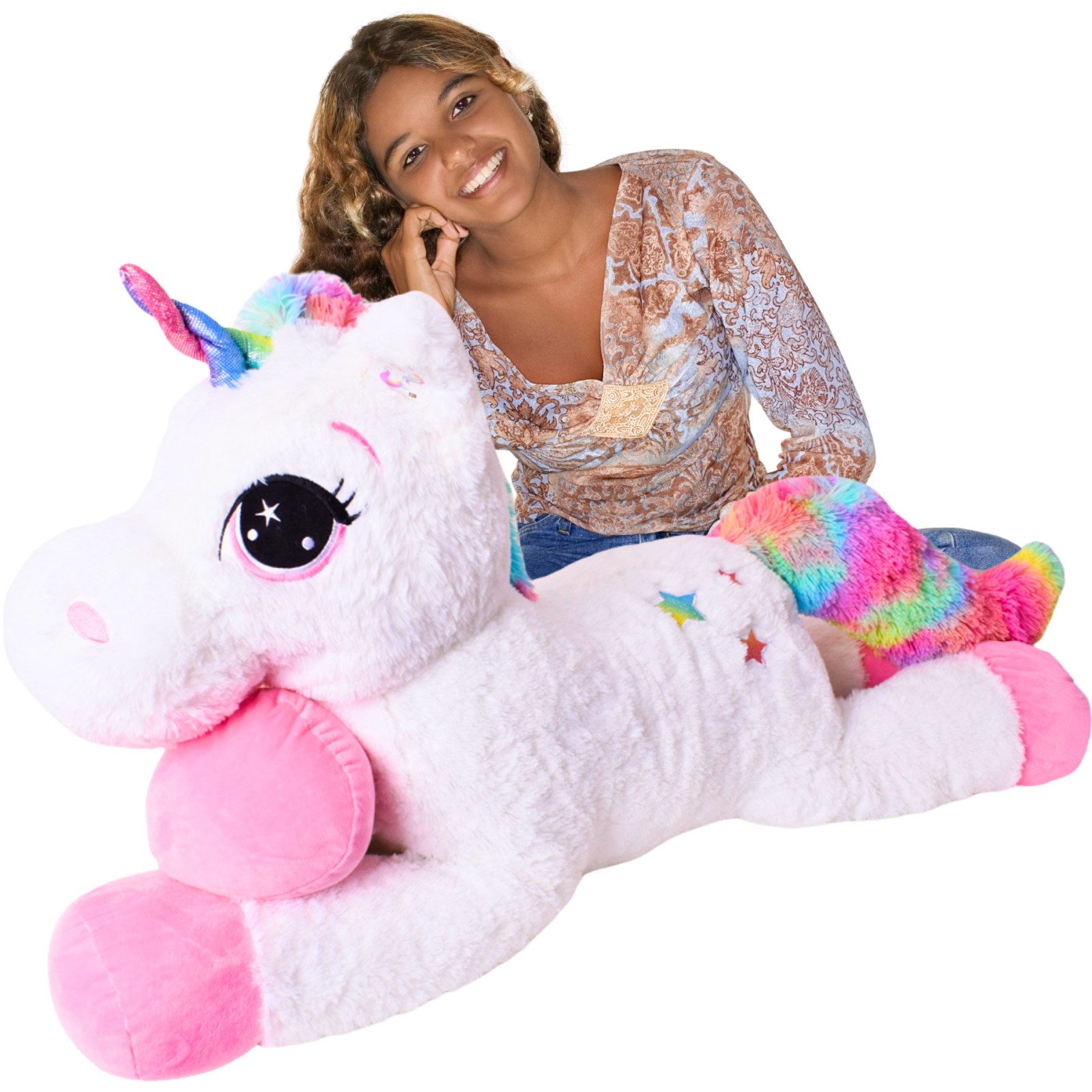 TE-Trend Kuscheltier Einhorn 110 cm XXL Plüschtier Stofftier Unicorn, mit Regenbogen Design Elementen