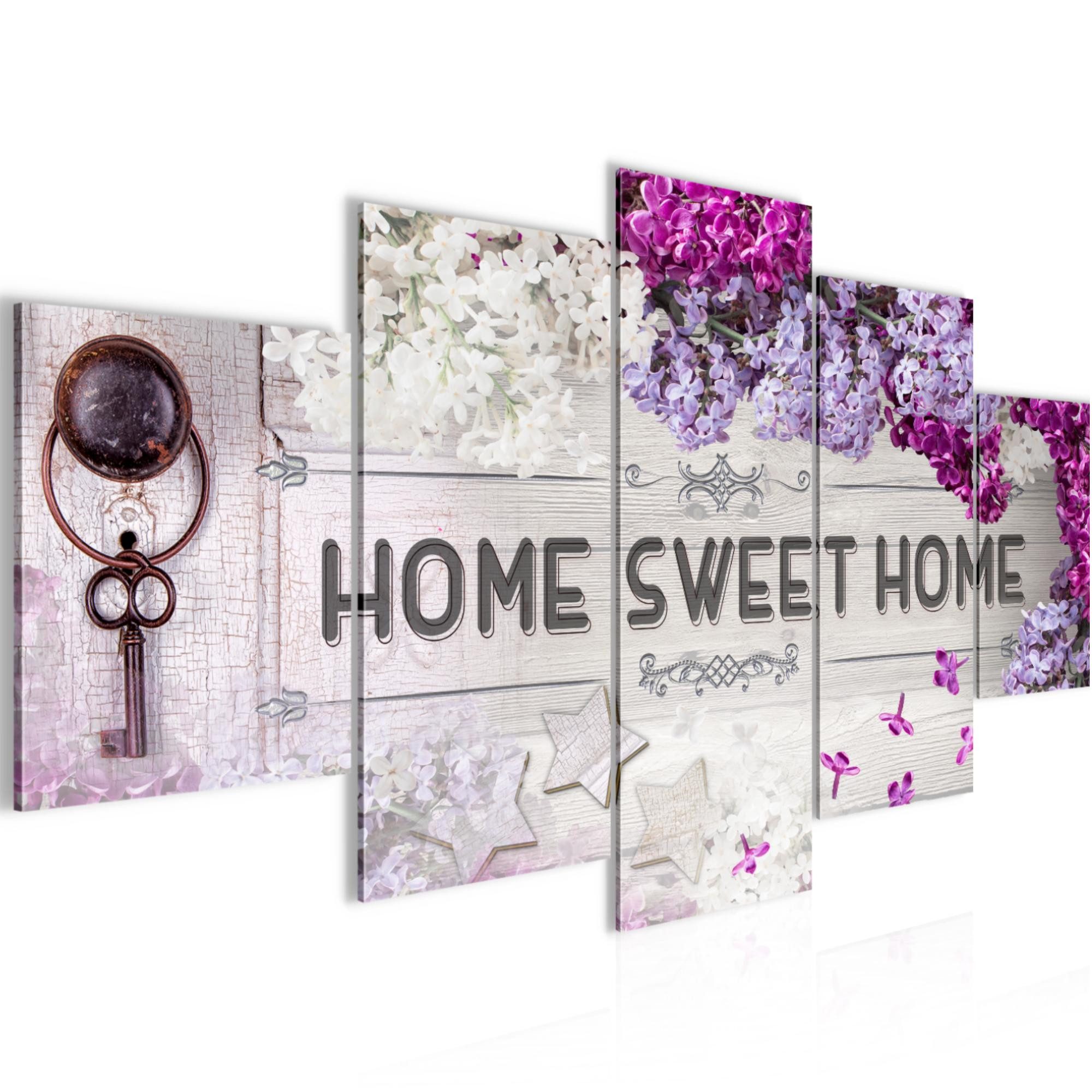 Runa Art Wandbild Bild Home Sweet Home Flieder Violett Lila auf Vlies Leinwand 503753a, 150L x 75B cm