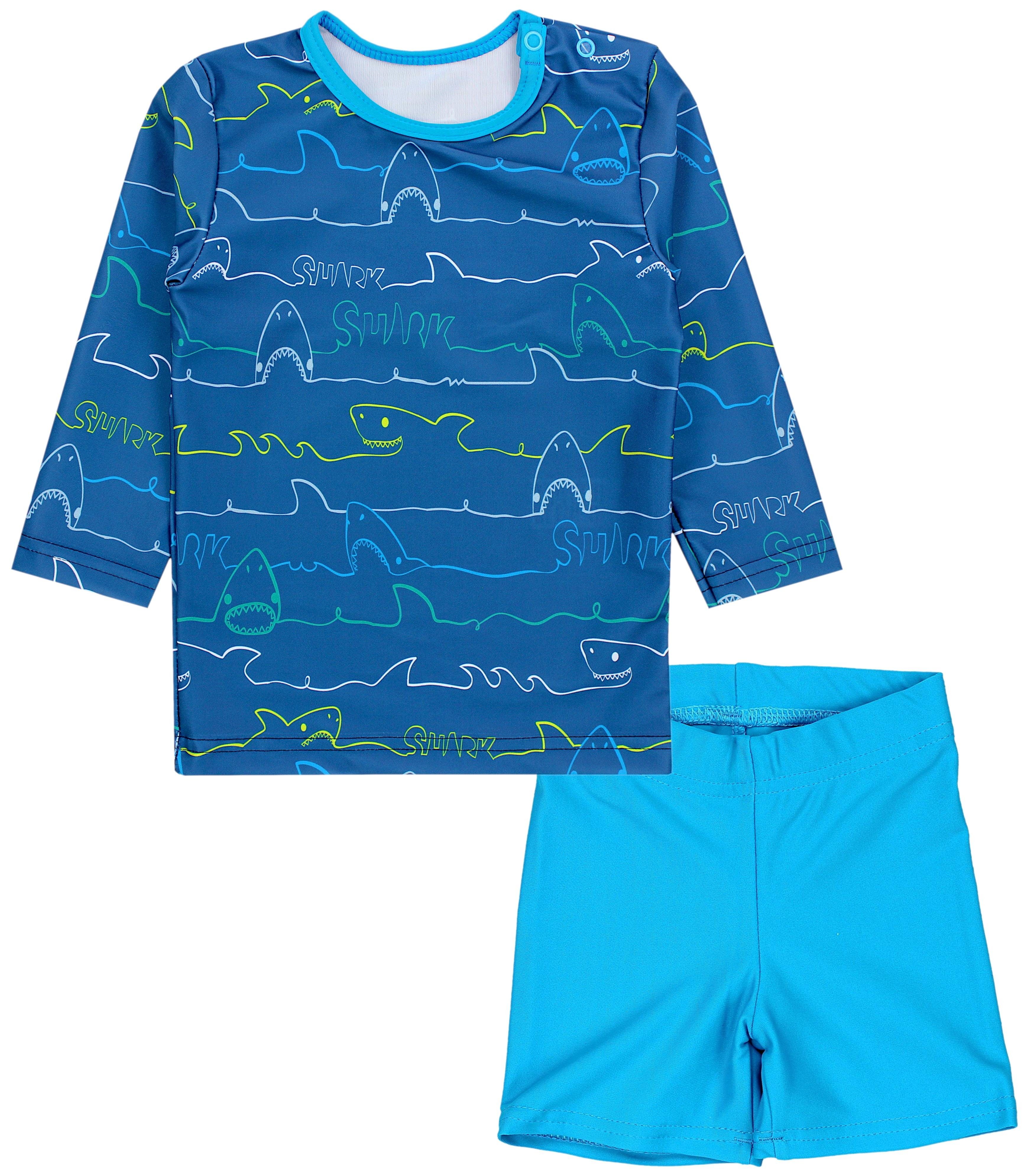 Aquarti Badeanzug Baby Jungen Zweiteiliger Kinder Badeanzug T-Shirt Badehose UV-Schutz Langarm / Haie / Jeans / Blau