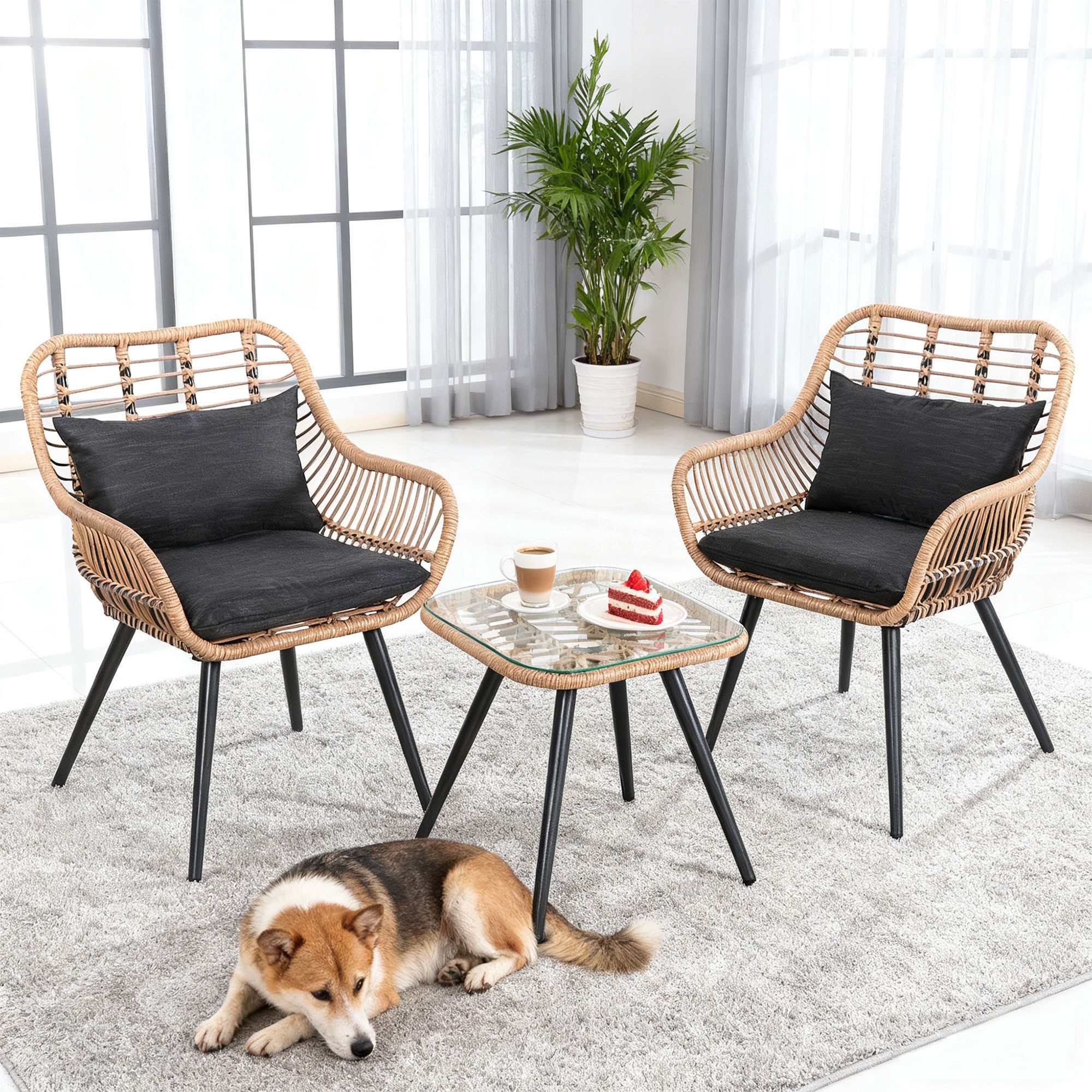 JOIVI Balkonset Bistro-Set, Gartenmöbel-Set, Balkonmöbel-Set für 2 Personen, (aus handgewebten Rattan, Beistelltisch mit Glastischplatte), 2 Stühle + 1 Beistelltisch