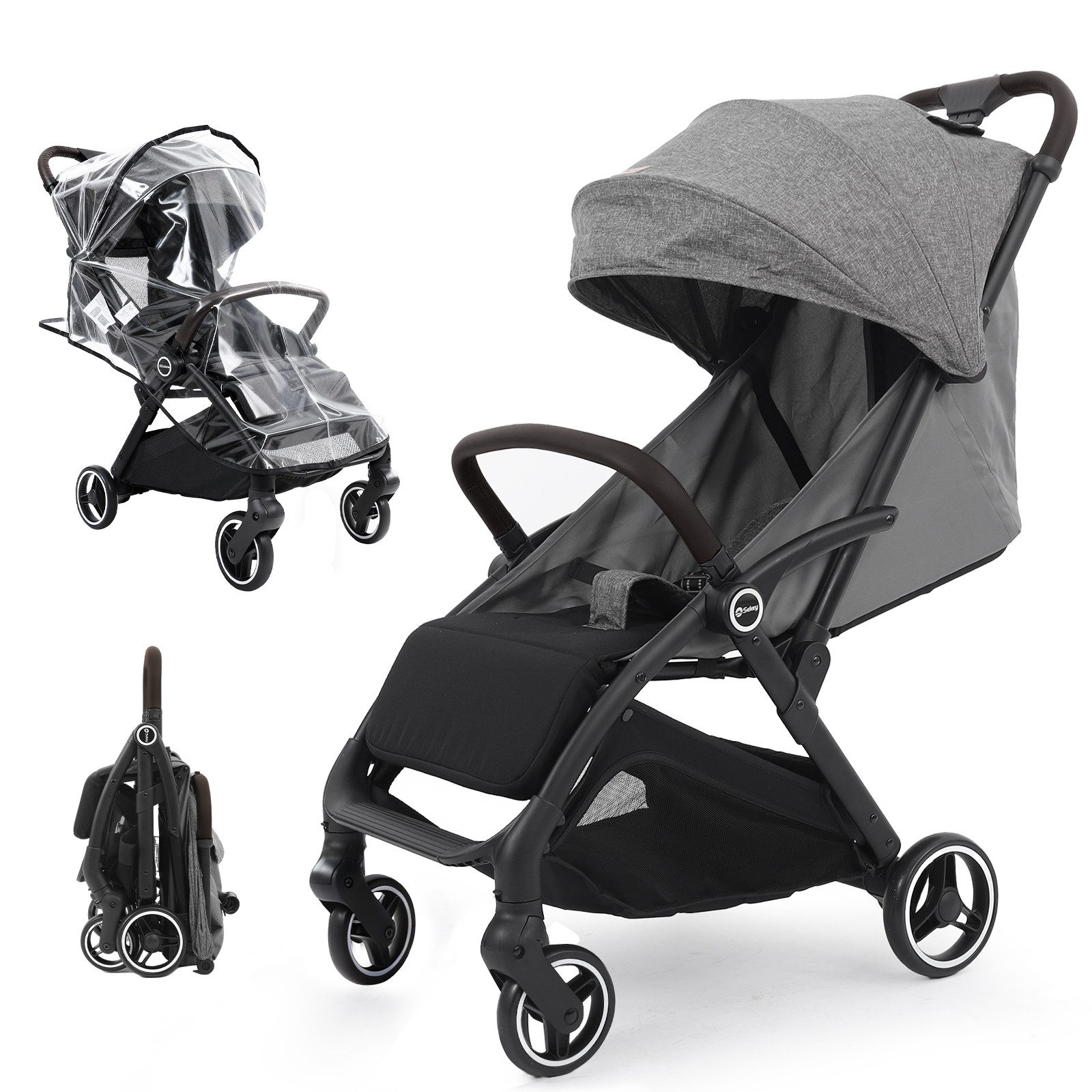 Sekey Kinder-Buggy mit Regenschutz, 3-fach verstellbar Reise Kinderwagen für Flugzeug, Einhand-Faltmechanismus, 4-Rad-Federung, 5-Punkt-Gurt, Sichtfenster