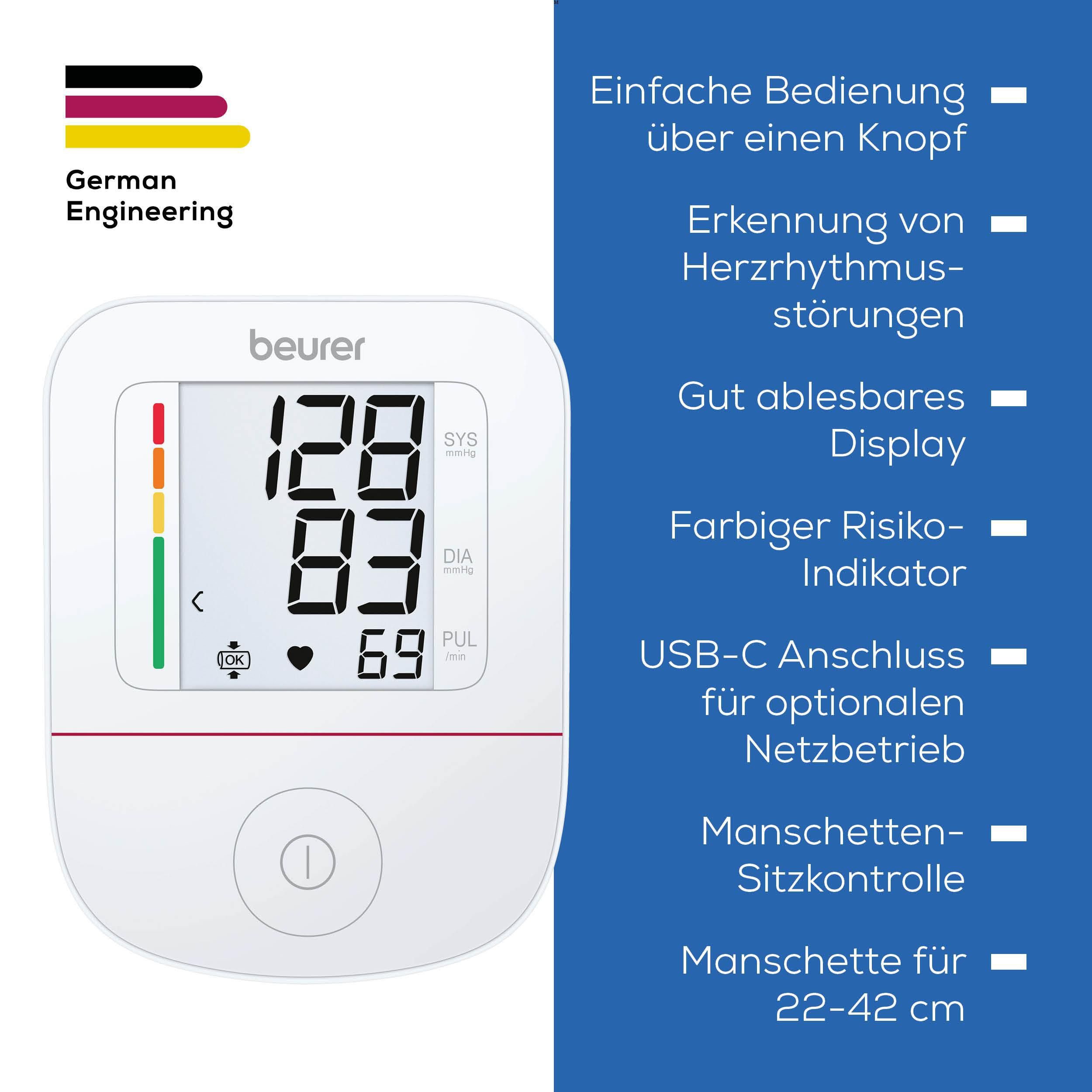 BEURER Oberarm-Blutdruckmessgerät BM 23 mit Manschetten-Sitzkontrolle, Einfache Blutdruckmessung für Zuhause